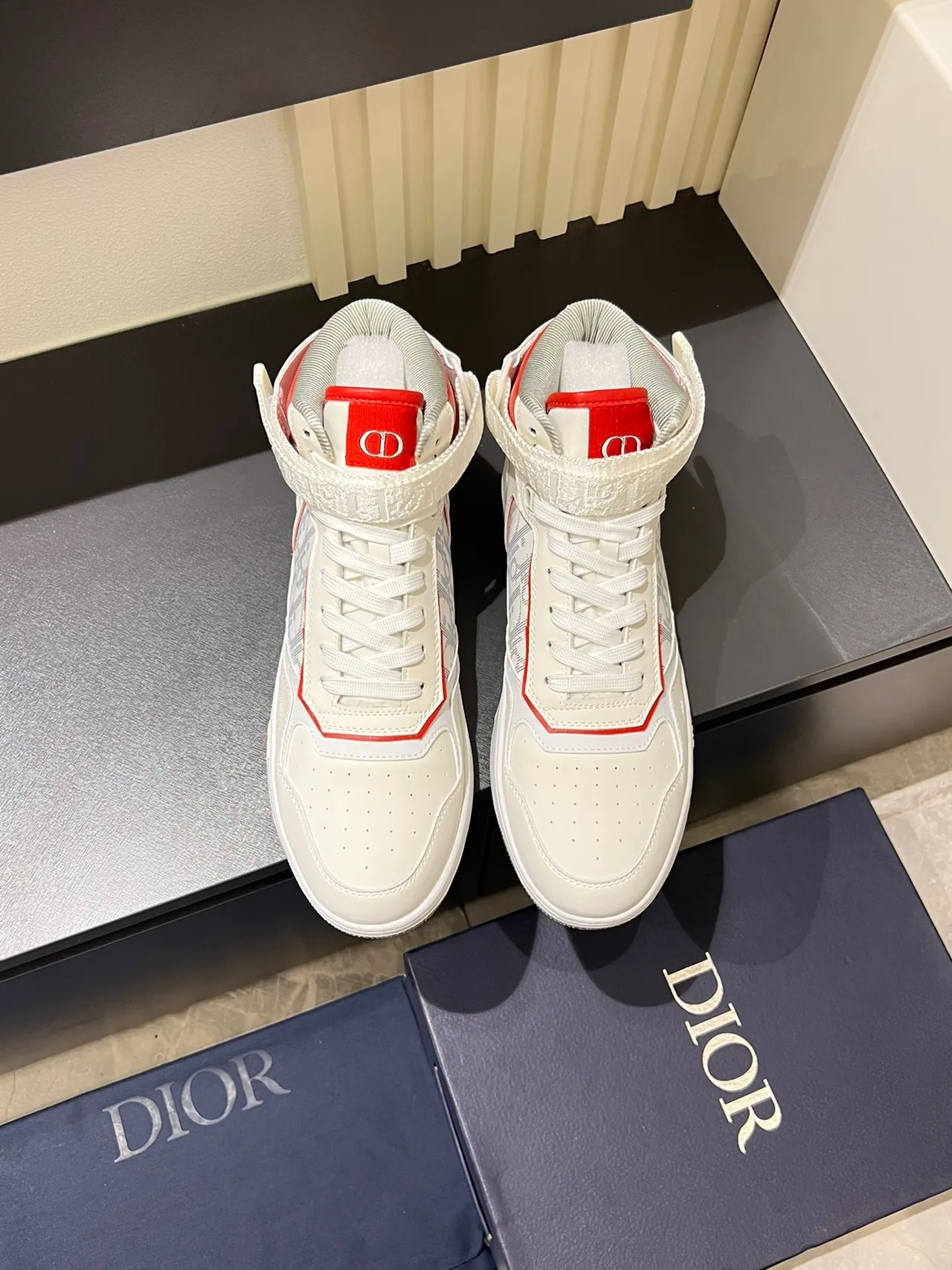 Dior B23 White and Red Monogram High-Top Lifestyle Sneakers