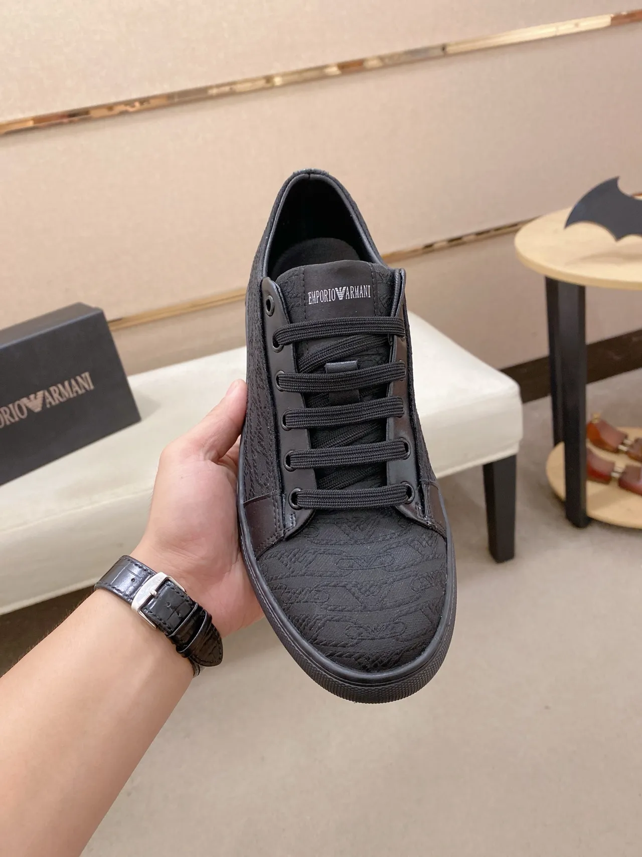 Emporio Armani Monochrome Black Logo Jacquard Low-Top Sneakers