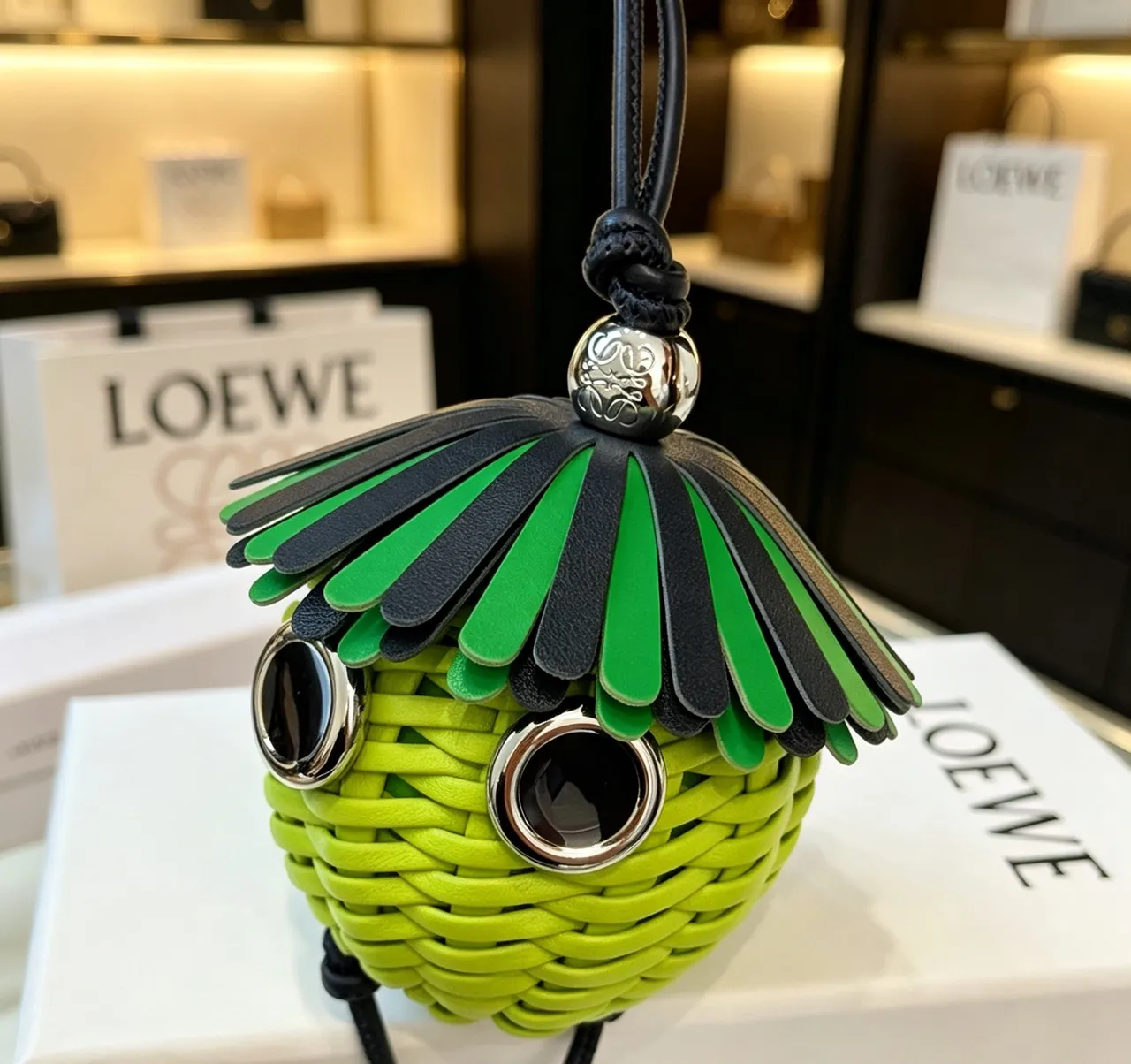 Loewe Green Black Woven Lime Sphere Fringed Cap Handbag