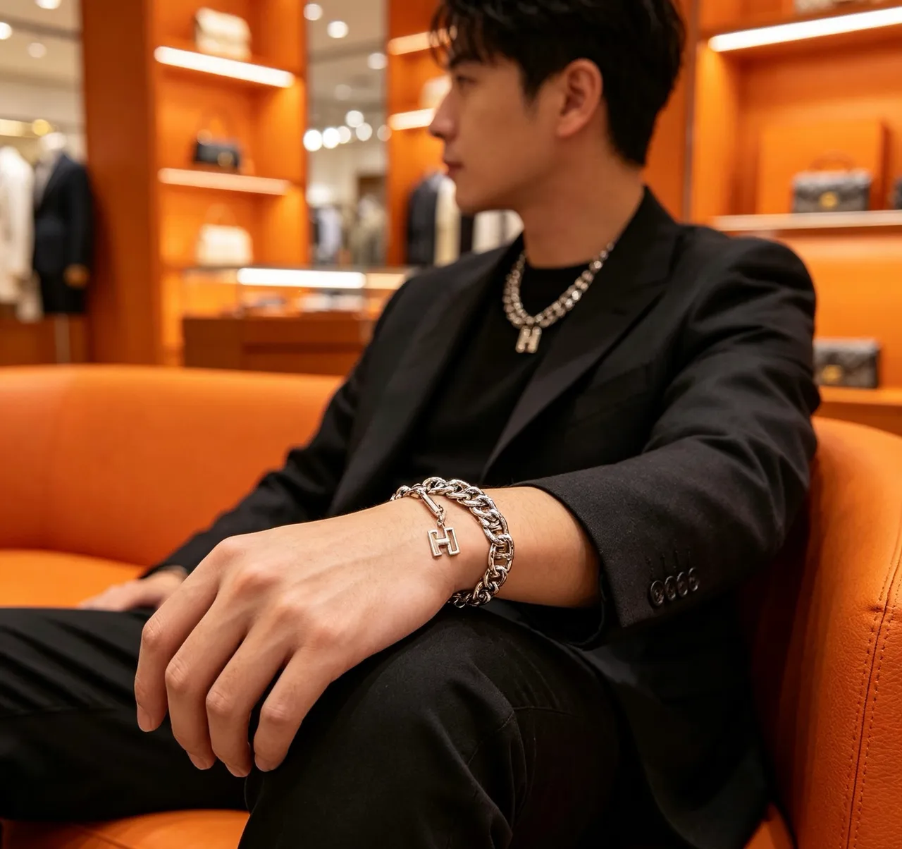 Hermès Chaine d'Ancre Engraved H Motif Silver Bracelet