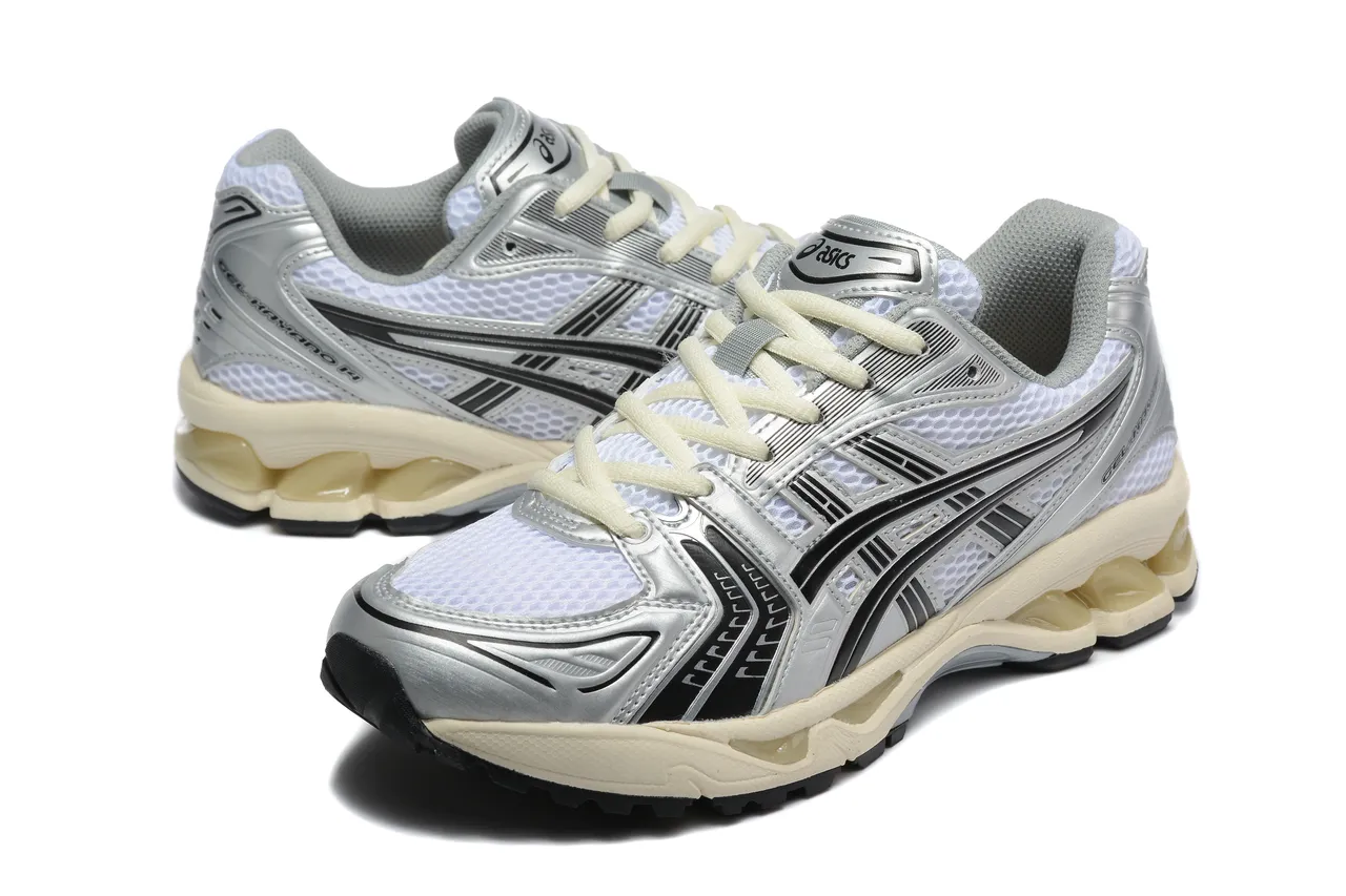 ASICS Gel-Kayano Silver Black Metallic Synthetic Overlays White Engineered Mesh Running Shoes