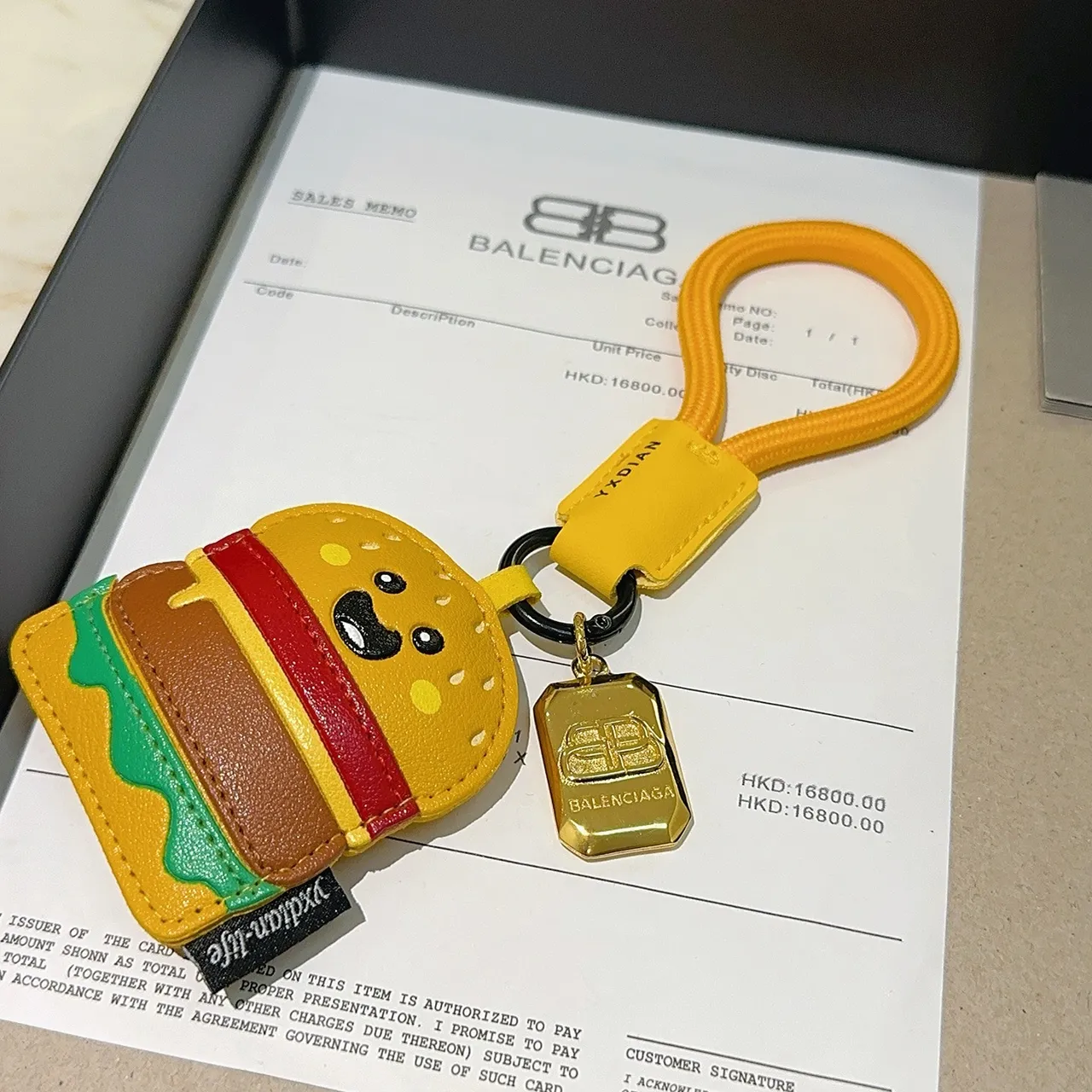 Balenciaga Yellow Multicolor Hamburger-Shaped Leather Keychain Cartoon Face Detail Phone Accessory
