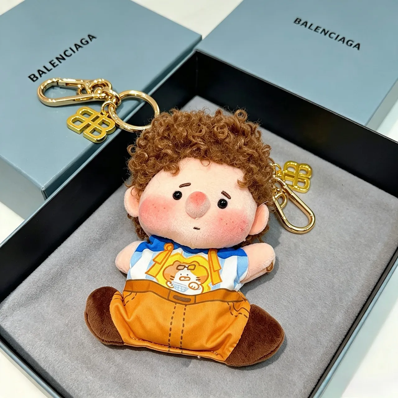 Balenciaga Brown Blue Plush Doll Keychain Accessory Handbag
