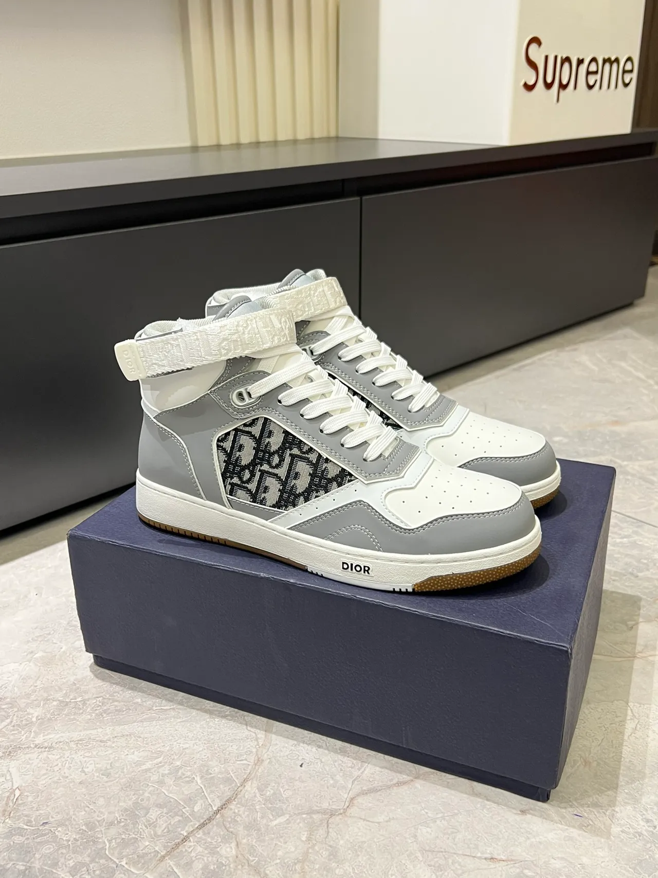 Dior B23 White and Gray Oblique Monogram High-Top Lifestyle Sneakers