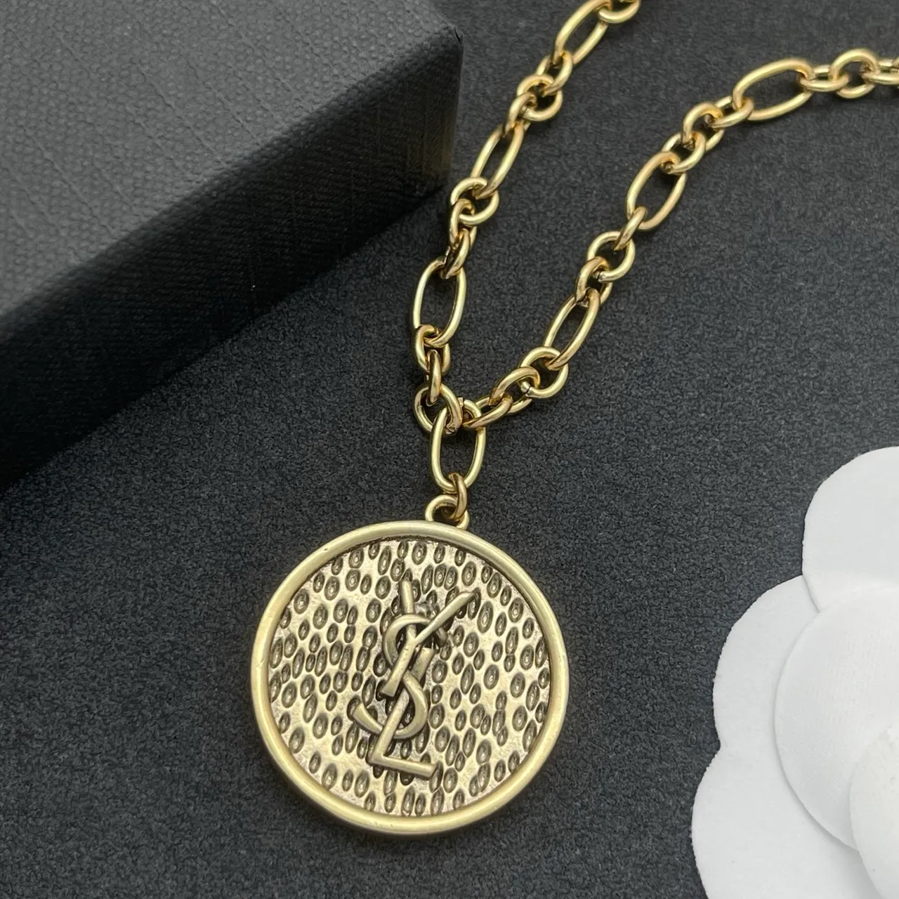 Saint Laurent Gold Silver Chunky Oval-Link Chain Circular Textured Pendant Necklace