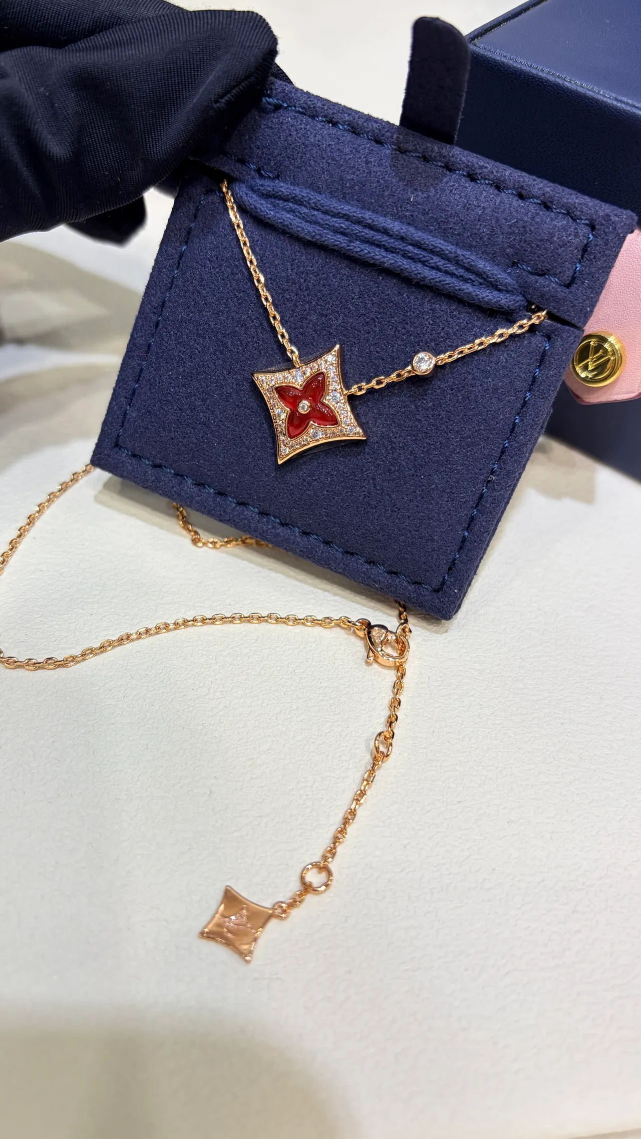 Louis Vuitton Red Enamel Floral Pendant Gold-Tone Necklace