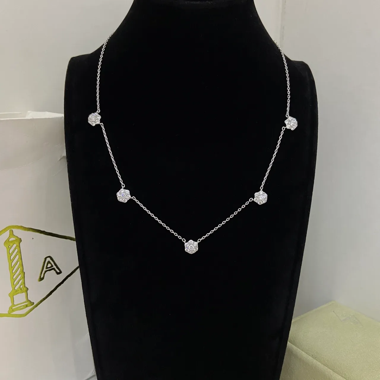Van Cleef & Arpels Gold Silver Floral Cluster Pendant Multi-Stone Pavé Setting Necklace