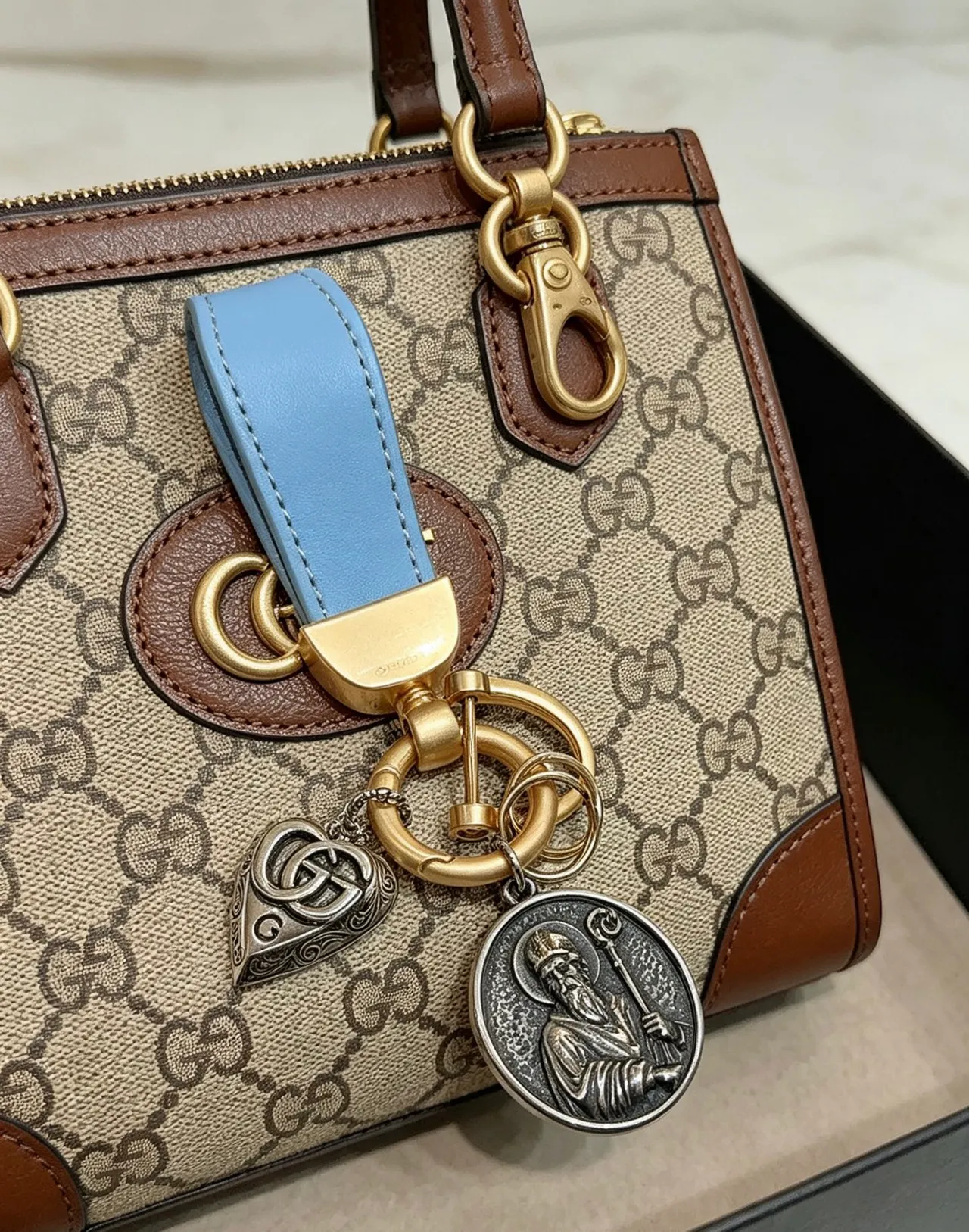 Gucci Beige Brown GG Monogram Canvas Leather Trim Boston Bag