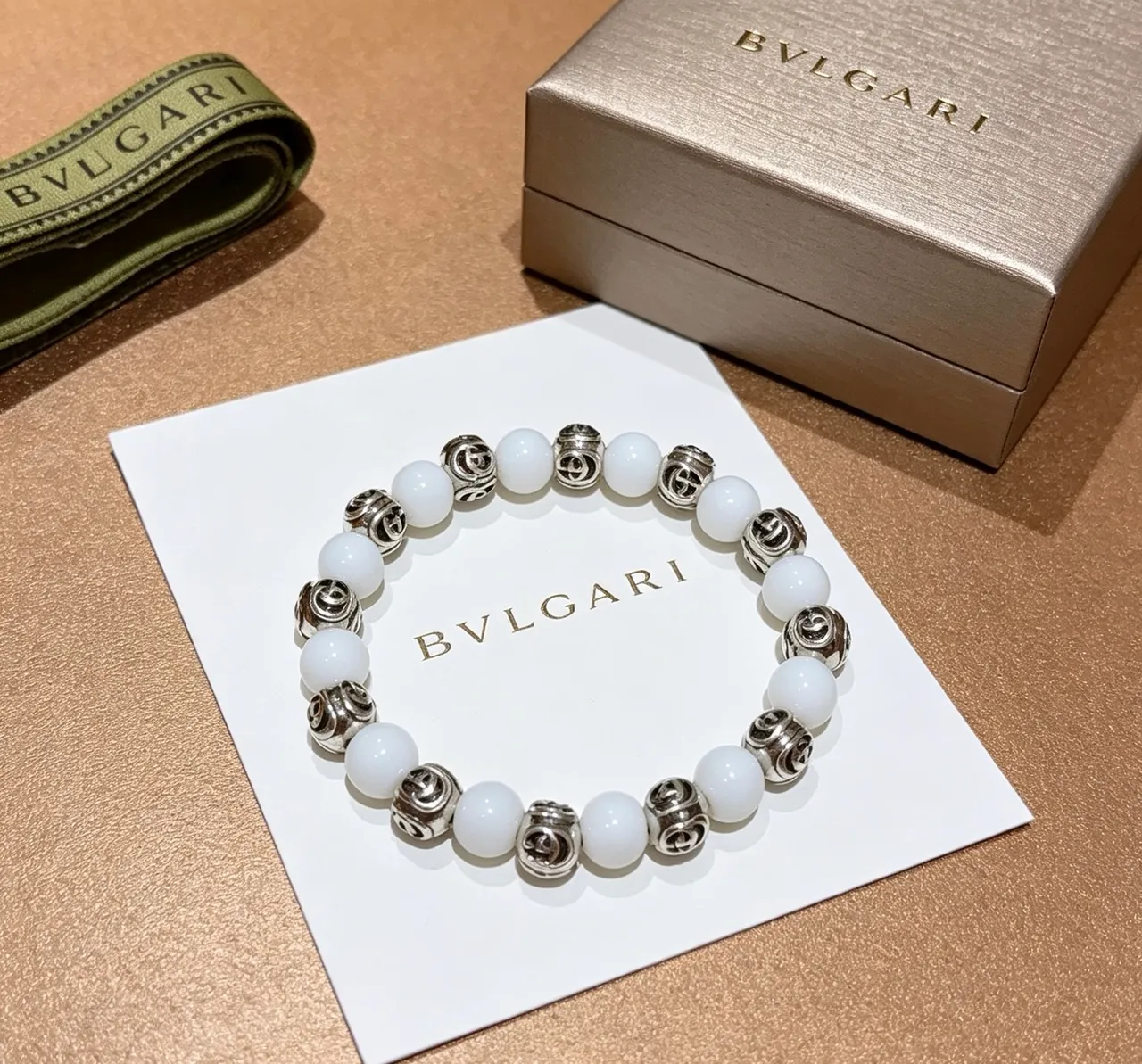 Bvlgari White Silver Beaded Spherical Stones Bracelet