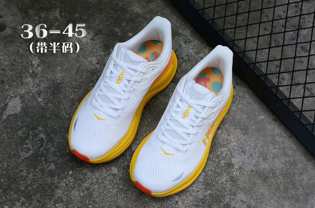 Hoka White Yellow Engineered Knit Upper Thick Cushioned Midsole Running Shoes