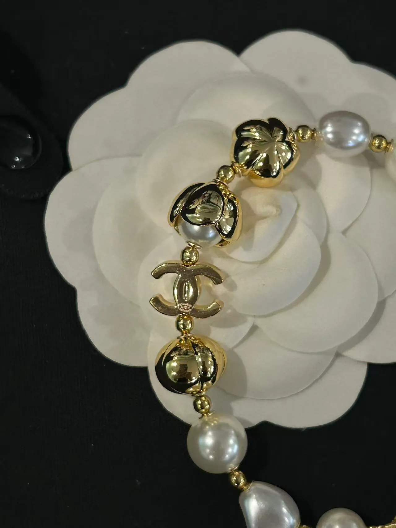 Chanel Pearl and CC Charm Bracelet Gold White Chain Baroque Pearls Bracelet