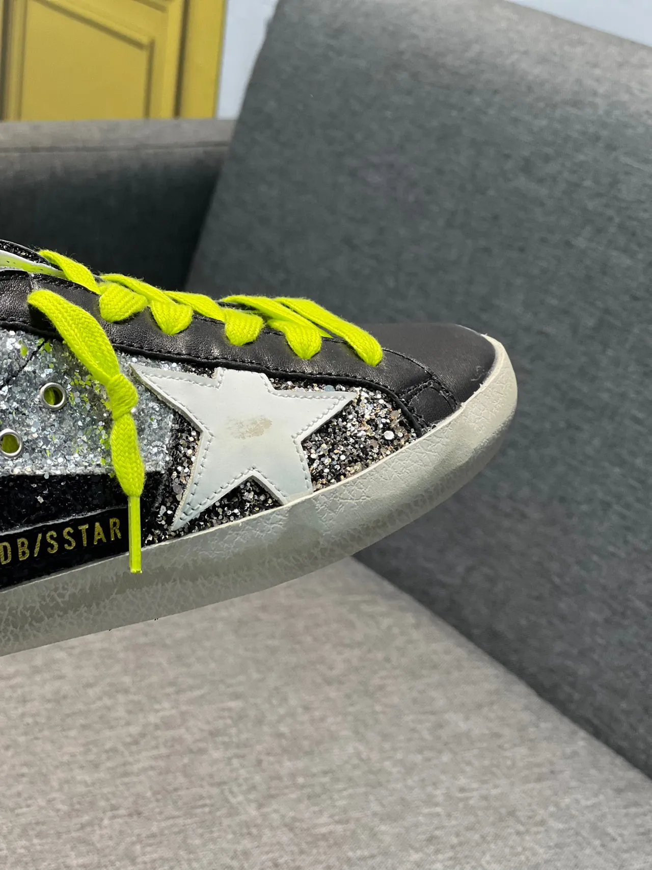 Golden Goose Superstar Black Silver Glitter Neon Yellow Lace-Up Lifestyle Sneakers