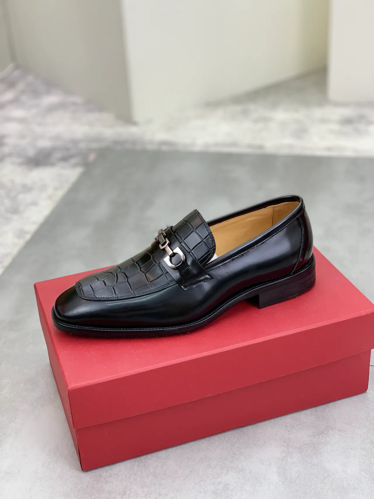 Salvatore Ferragamo Gancini Croc-Embossed Black Loafers
