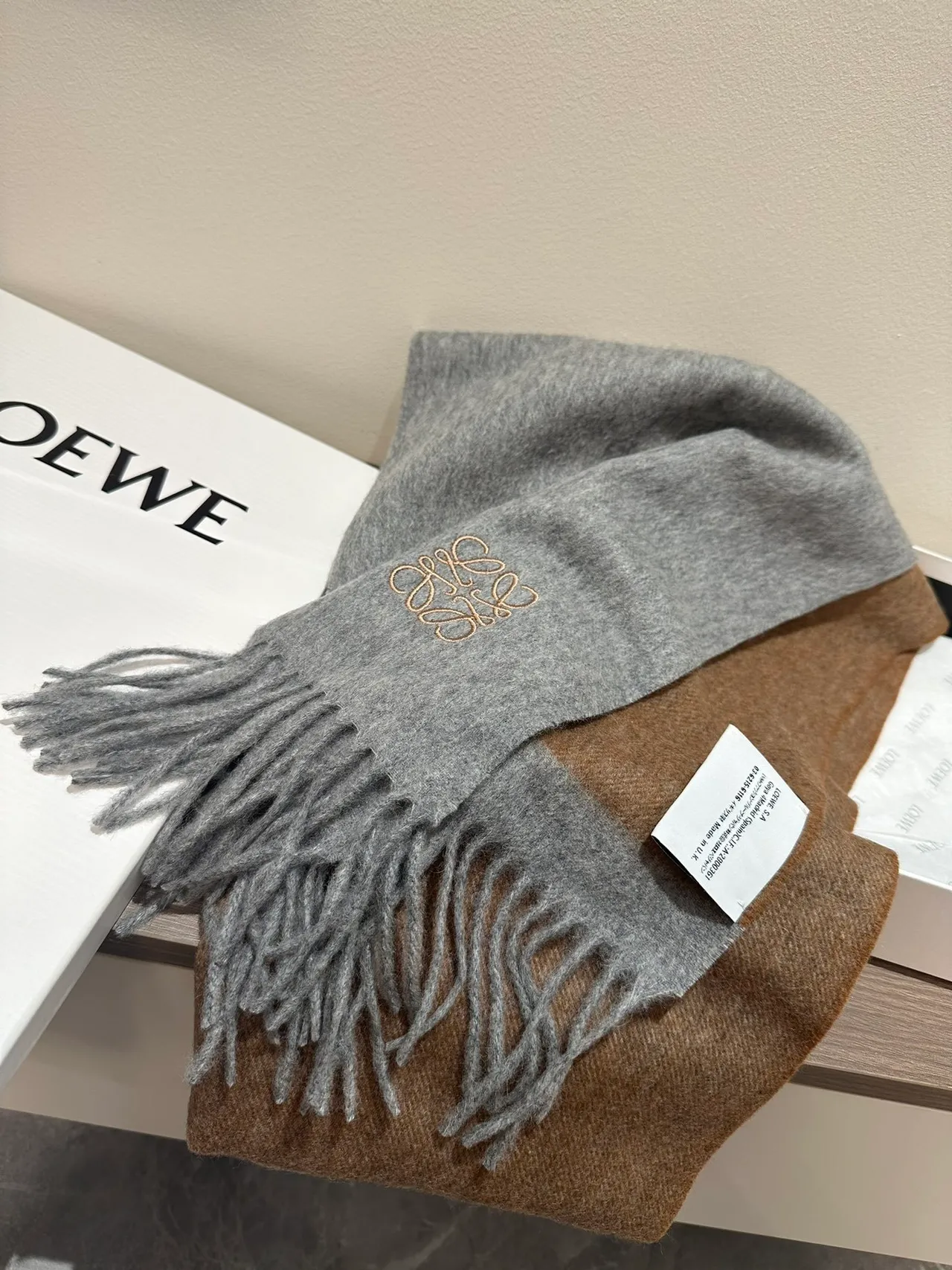 Loewe Anagram Embroidered Gray Cashmere Scarf
