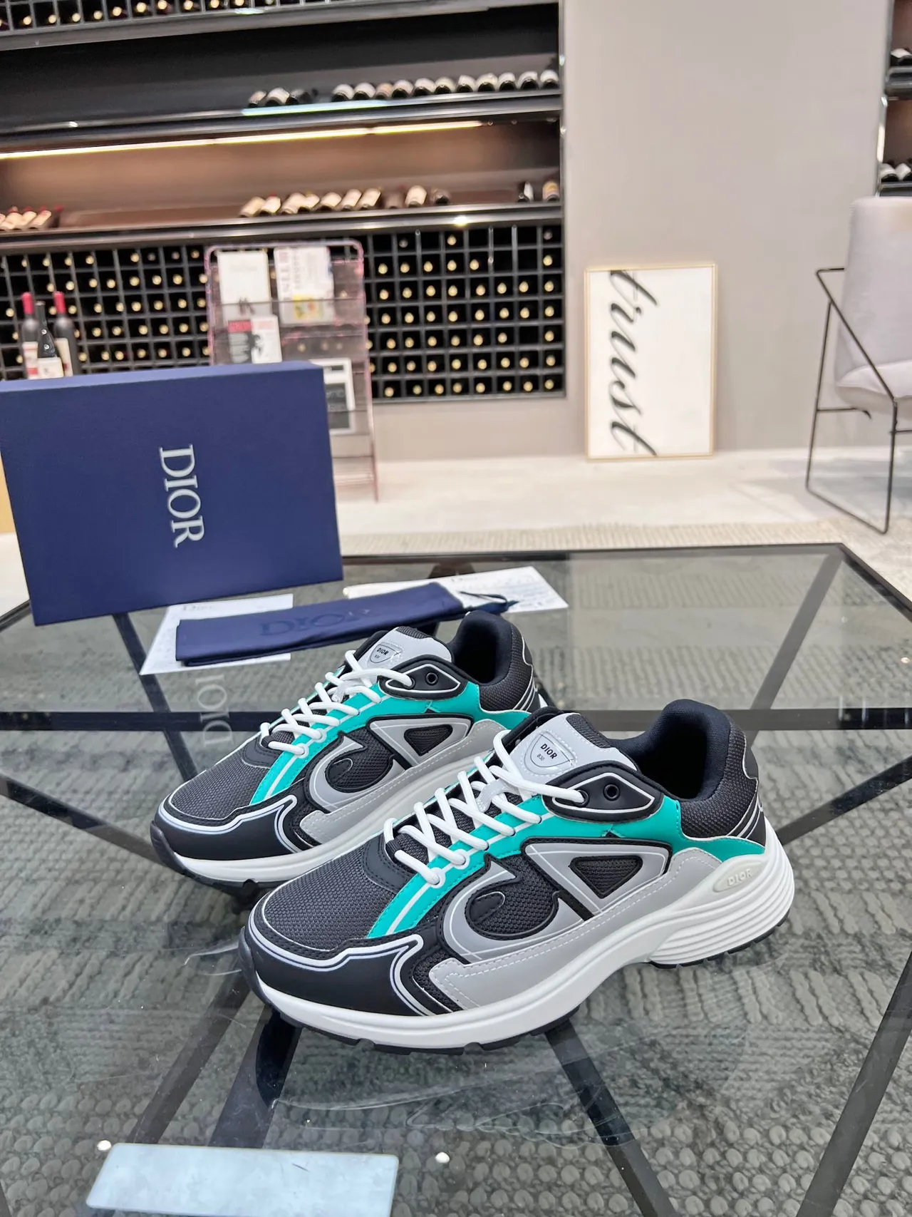 Dior B23 Black Blue Sole Layered Mesh And Synthetic Overlays Chunky Sneakers