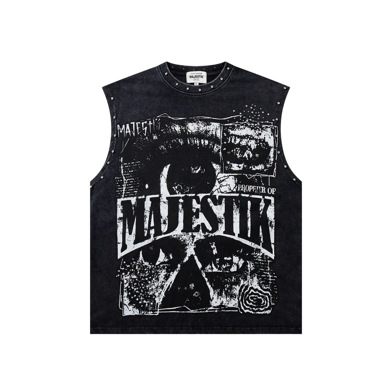 MAJESTIK Studded Screen-Printed Distressed Denim Vest Top