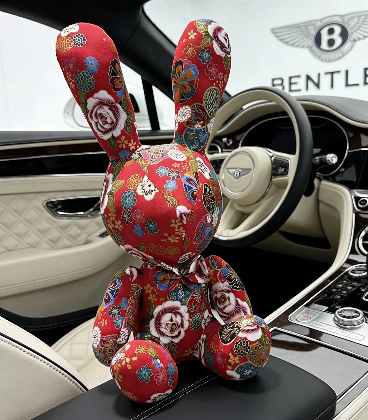 Gucci Red Multicolor Plush Stuffed Rabbit Floral Patchwork Print Handbag
