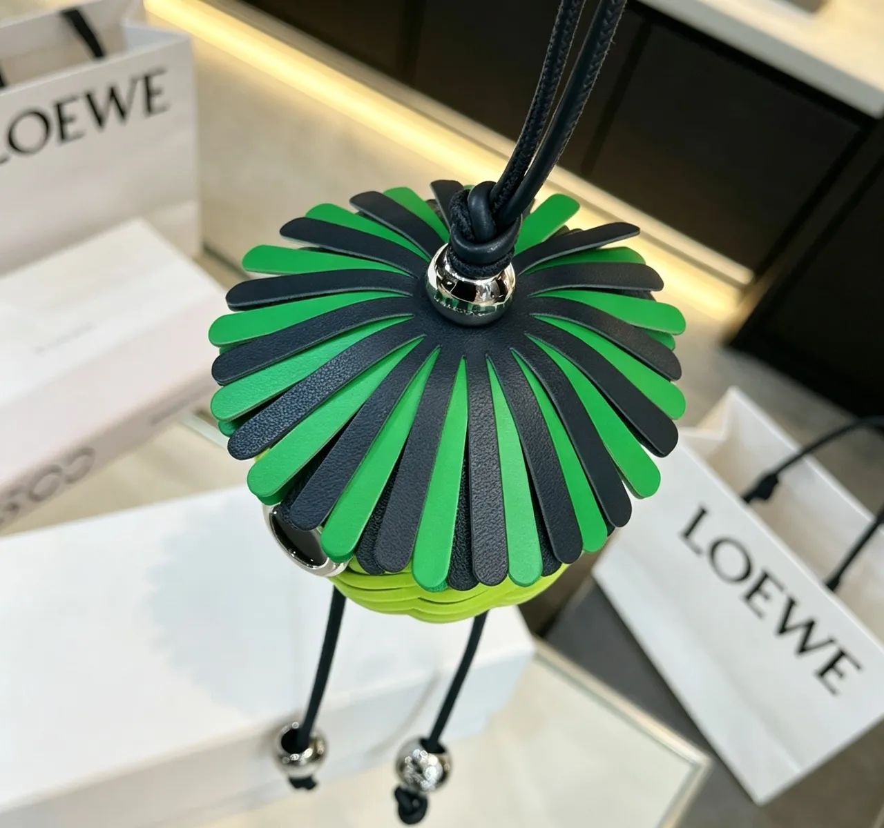 Loewe Green Black Woven Lime Sphere Fringed Cap Handbag