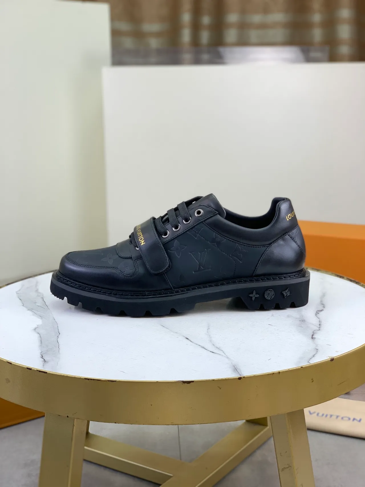 Louis Vuitton Run Away Black Gold Monogram Leather Dual-Lace And Strap Closure Casual Shoes