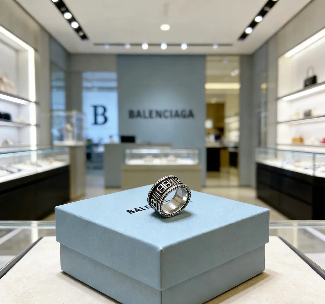 Balenciaga BB Ring Silver and Black Enamel Wide Band Ring