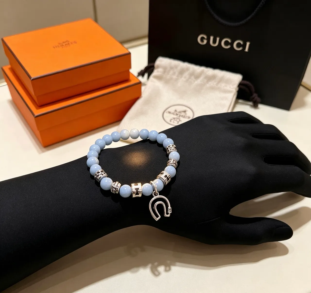 Gucci Beaded Light Blue Stone and Silver-Tone Horseshoe Charm Bracelet