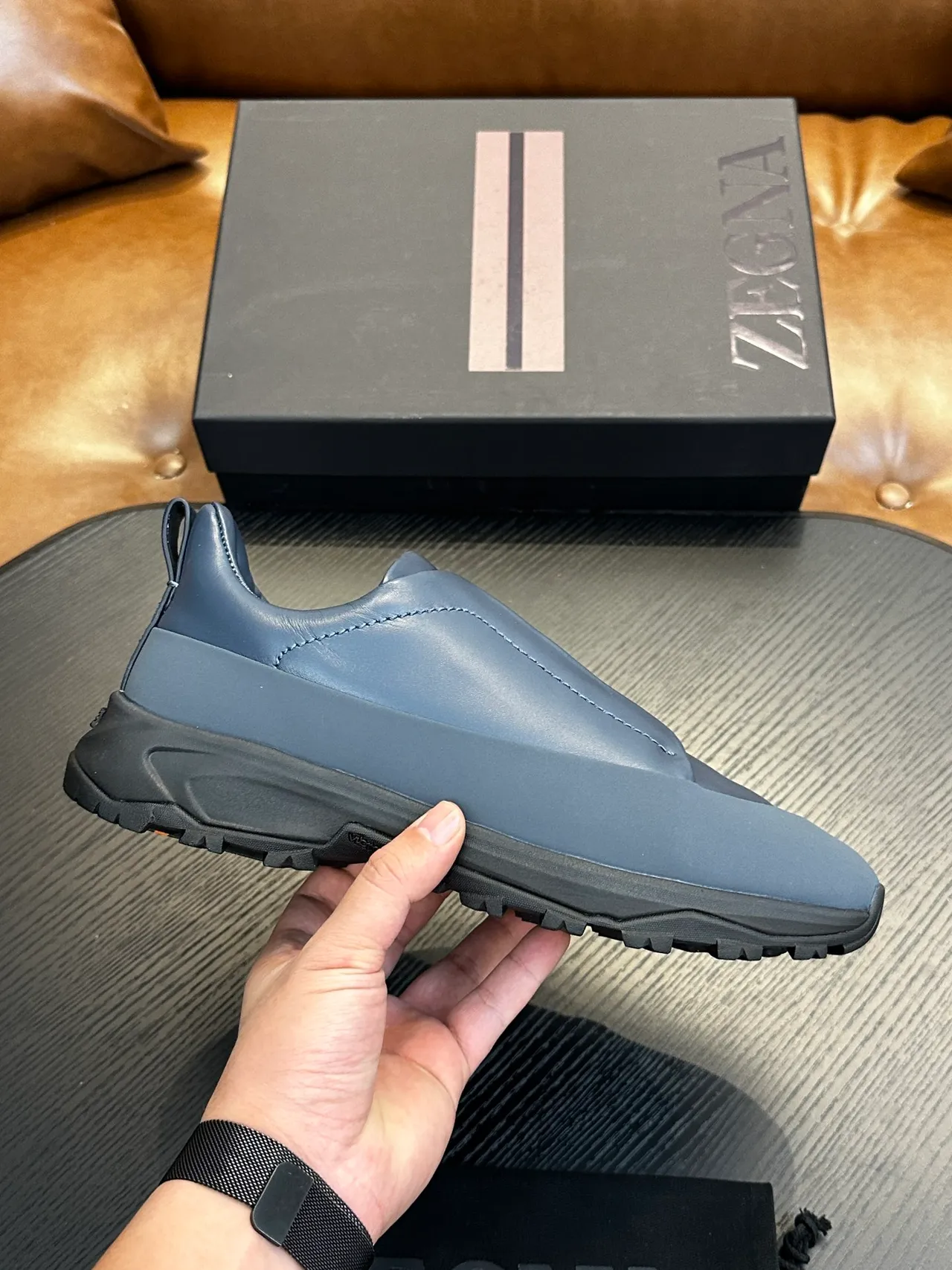 Zegna Blue Black Slip-On Construction Leather Upper Lifestyle Sneakers