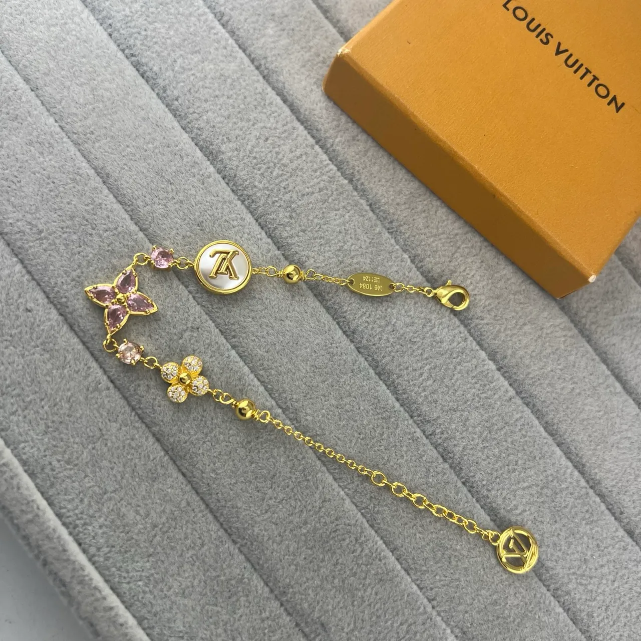 Louis Vuitton Flower Charm Bracelet Gold Pink Chain-Link Floral Bracelet