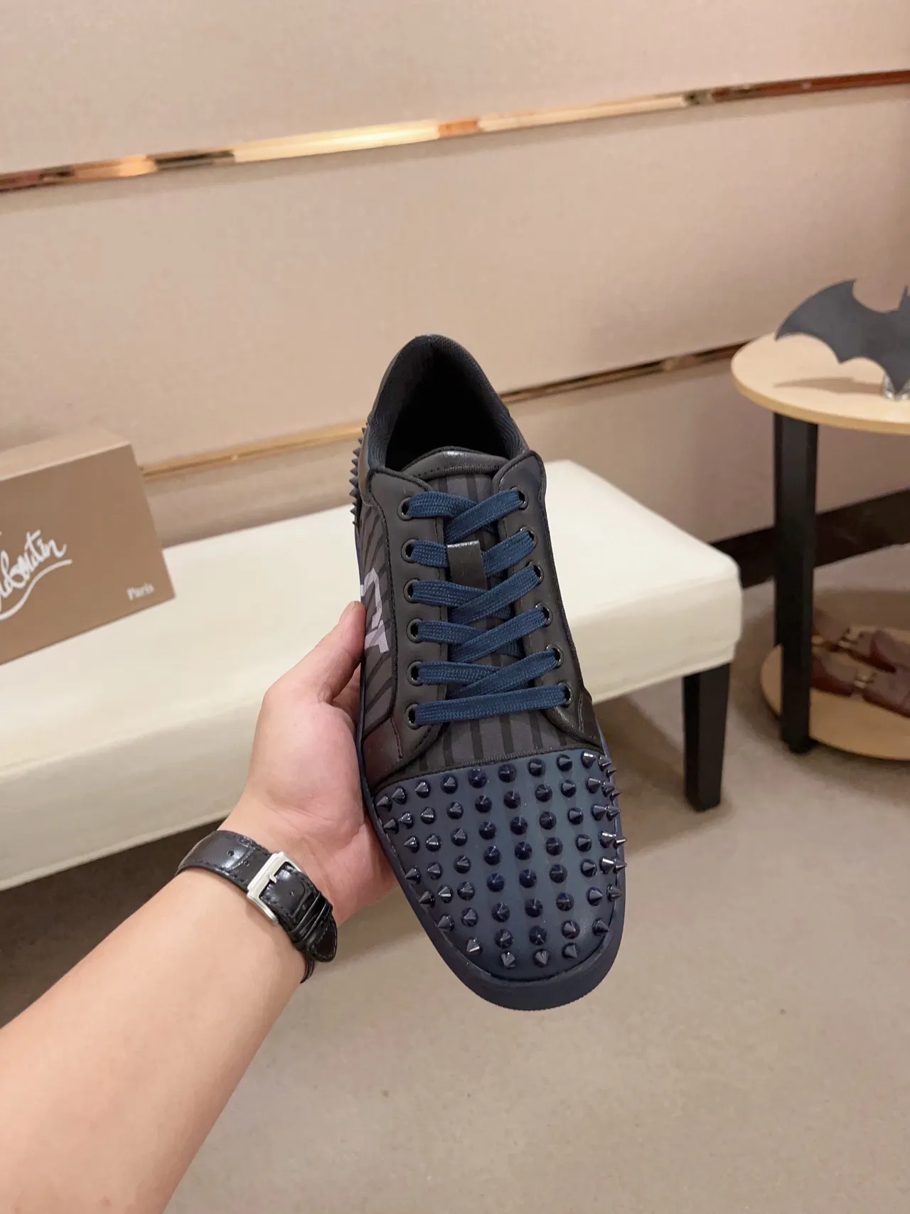 Christian Louboutin Louis Junior Spikes Black Navy Spiked Toe And Heel Striped Side Panel Lifestyle Sneakers