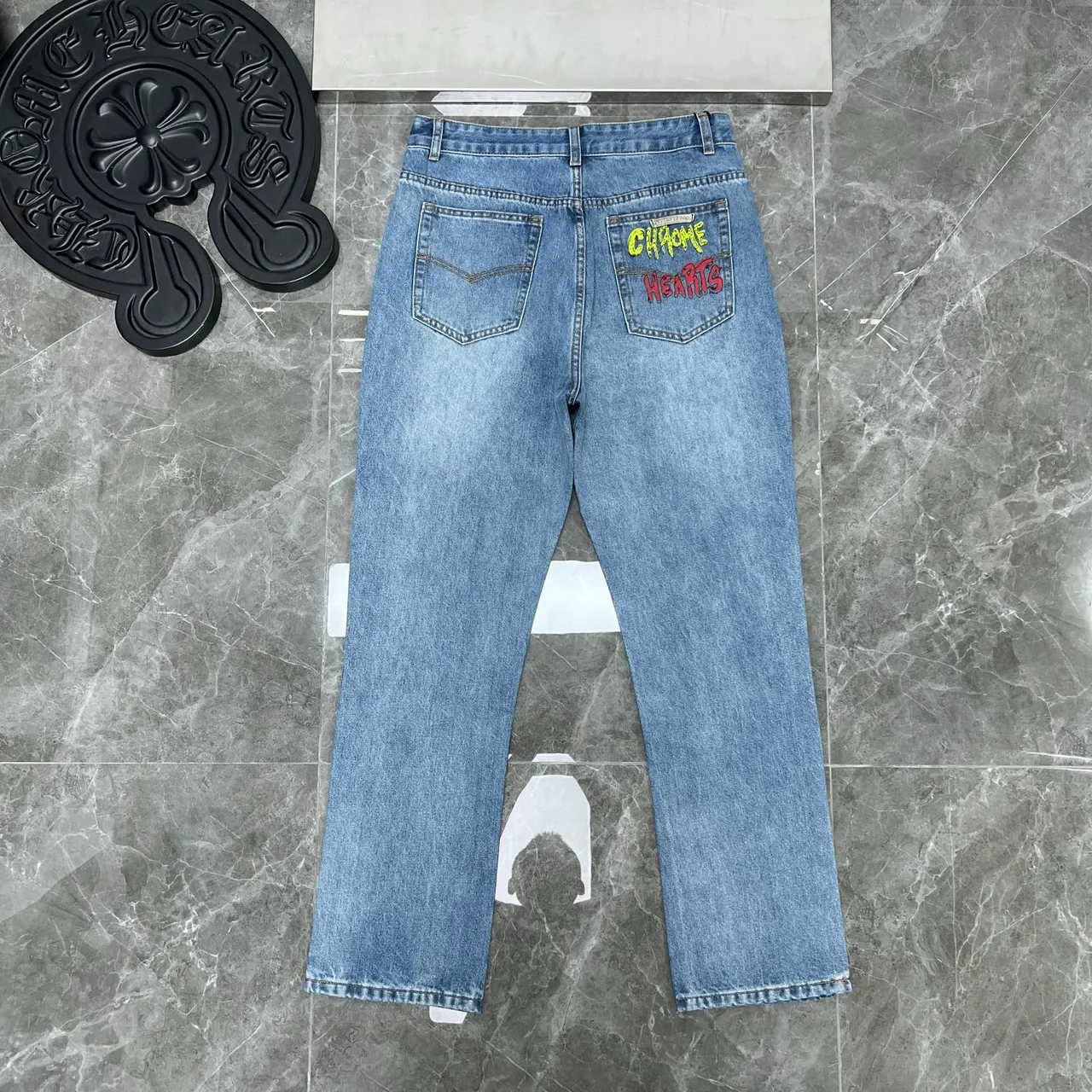 Chrome Hearts Cross Appliqué Light Wash Denim Jeans
