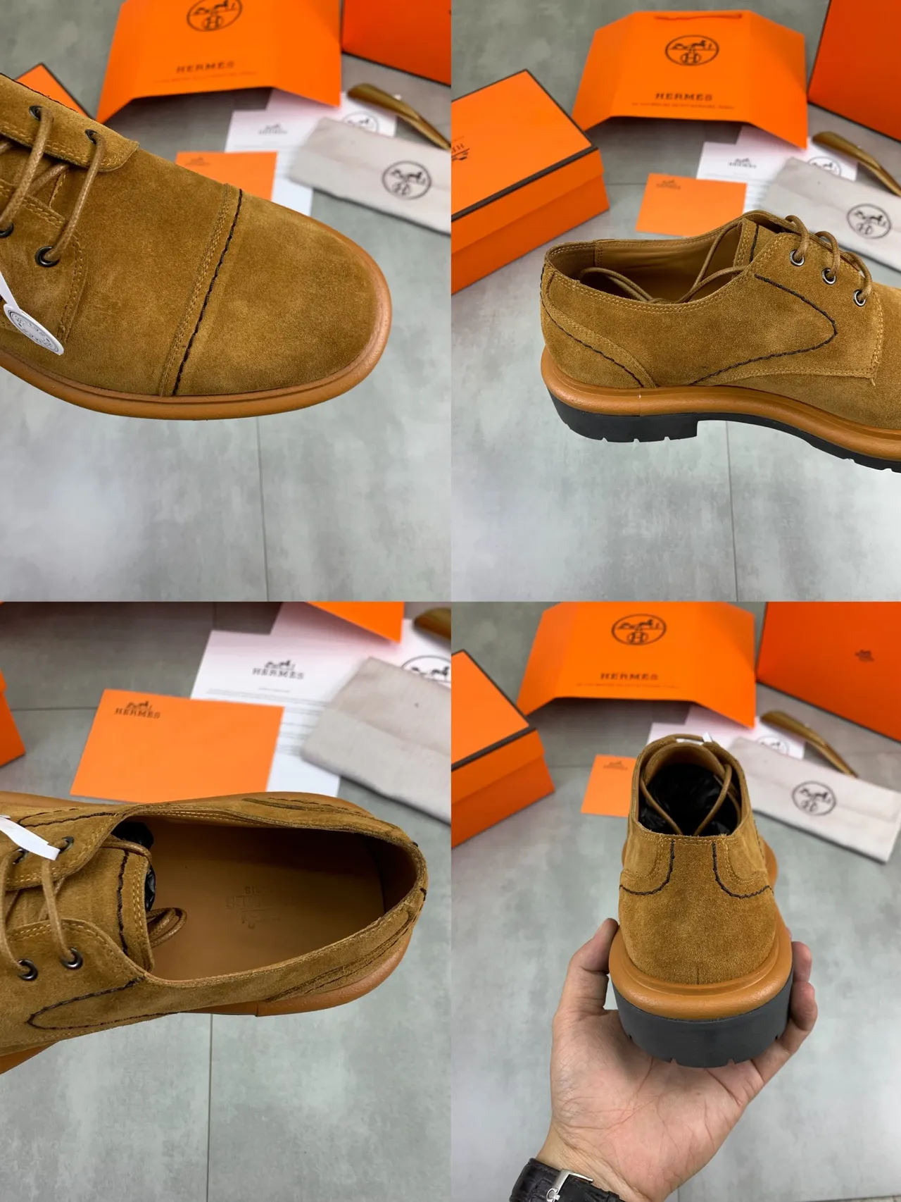 Hermès Brown Beige Suede Cap-Toe Contrast Topstitching Derby Shoes