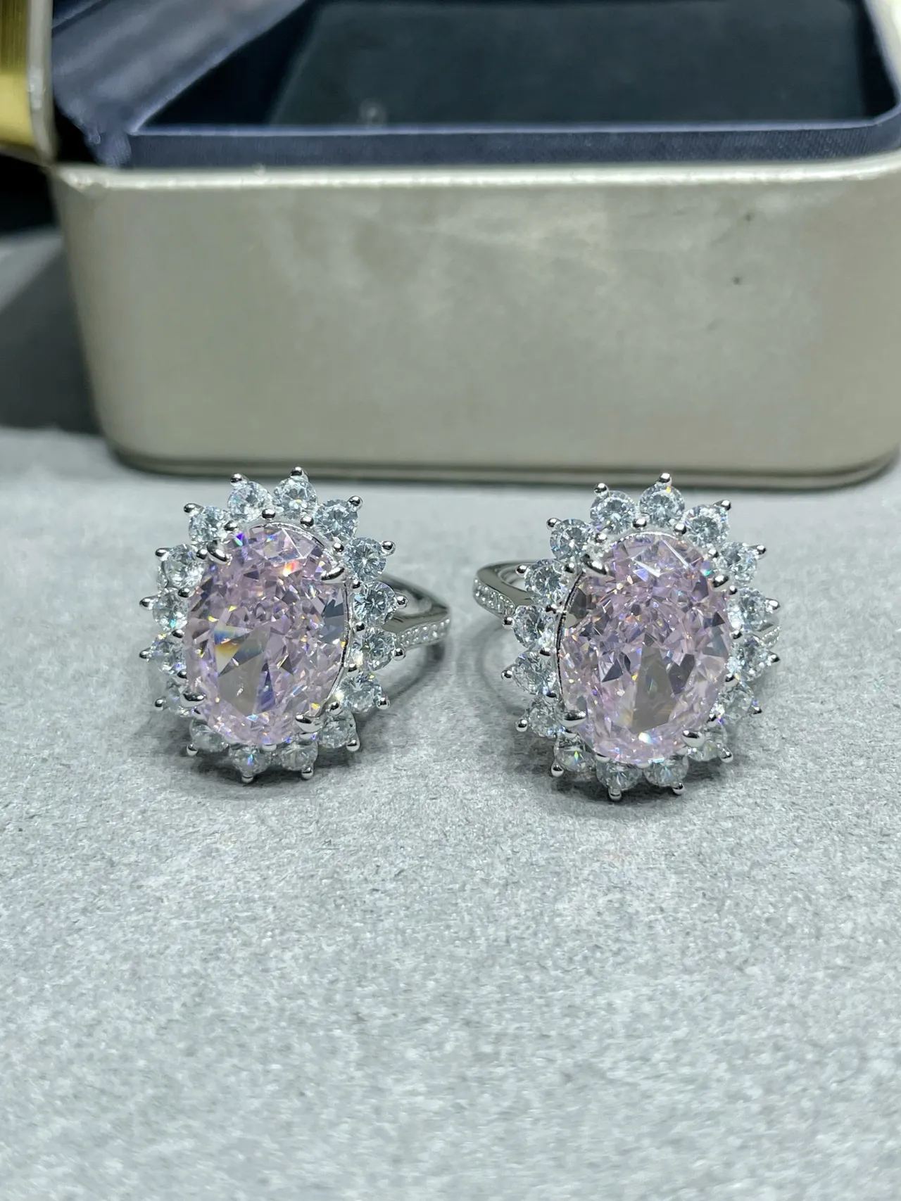 Oval Pink Halo Cluster Stud Earrings