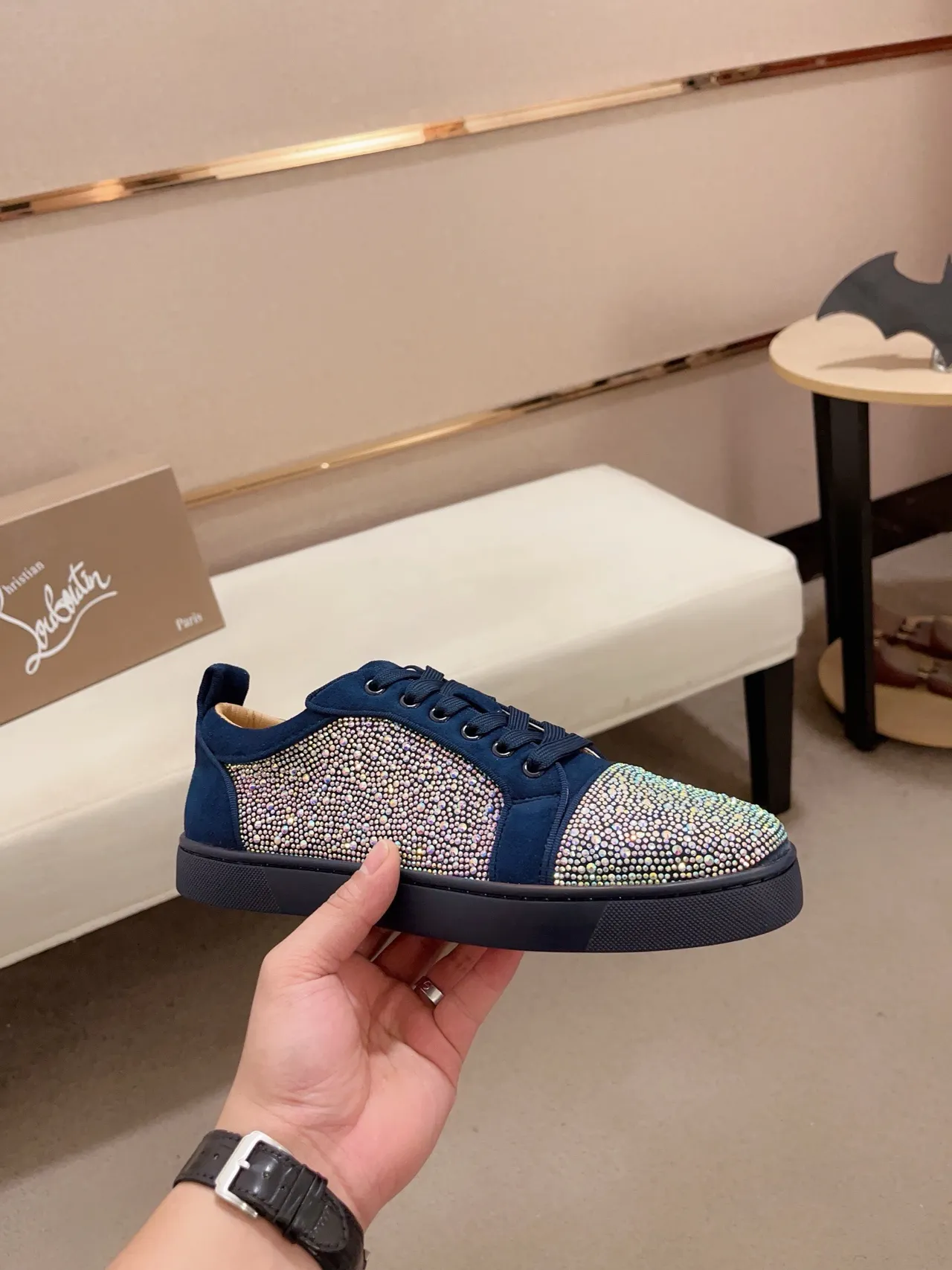 Christian Louboutin Crystal-Embellished Navy Suede Lifestyle Sneakers