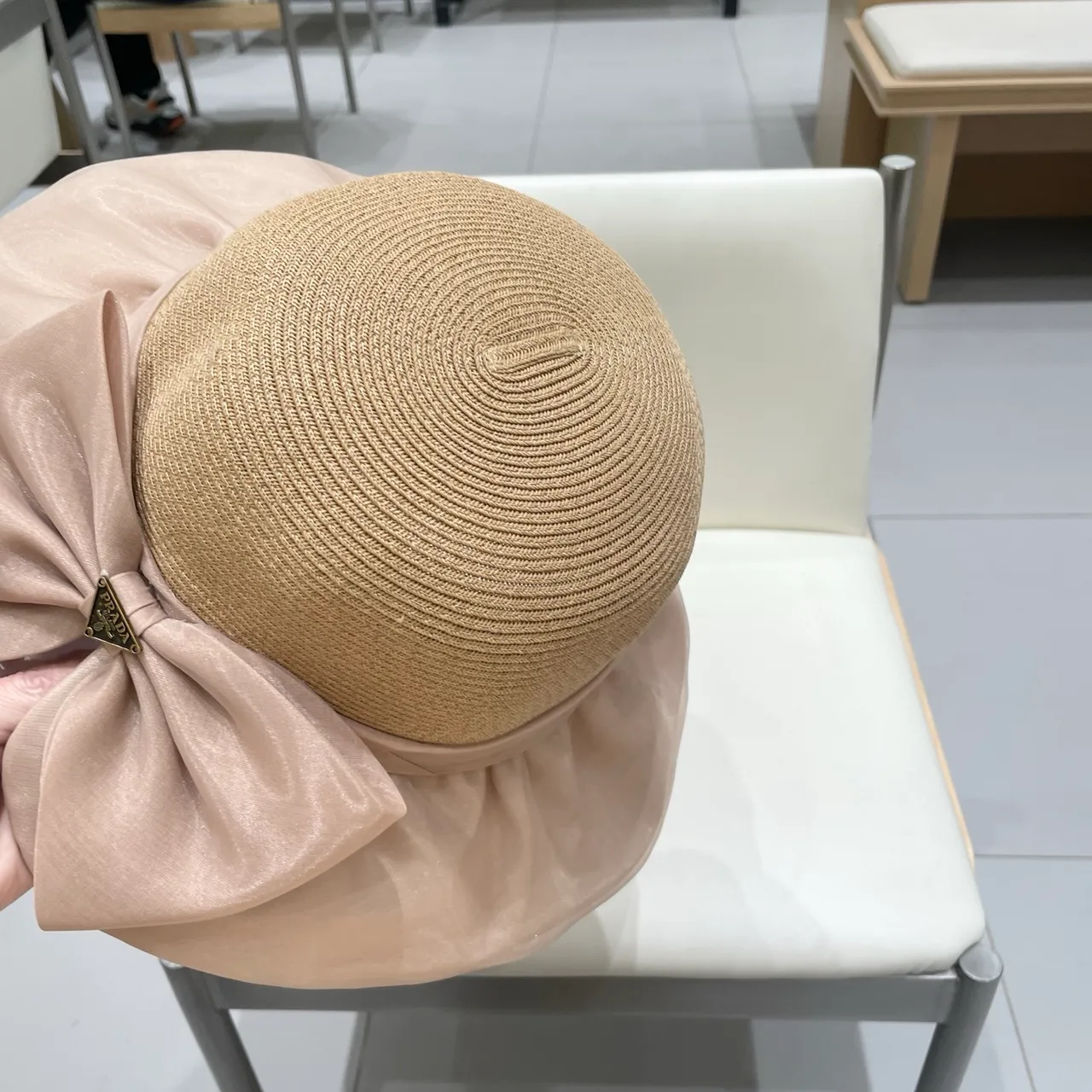 Prada Beige Pink Woven Straw Crown Wide Brim Fedora