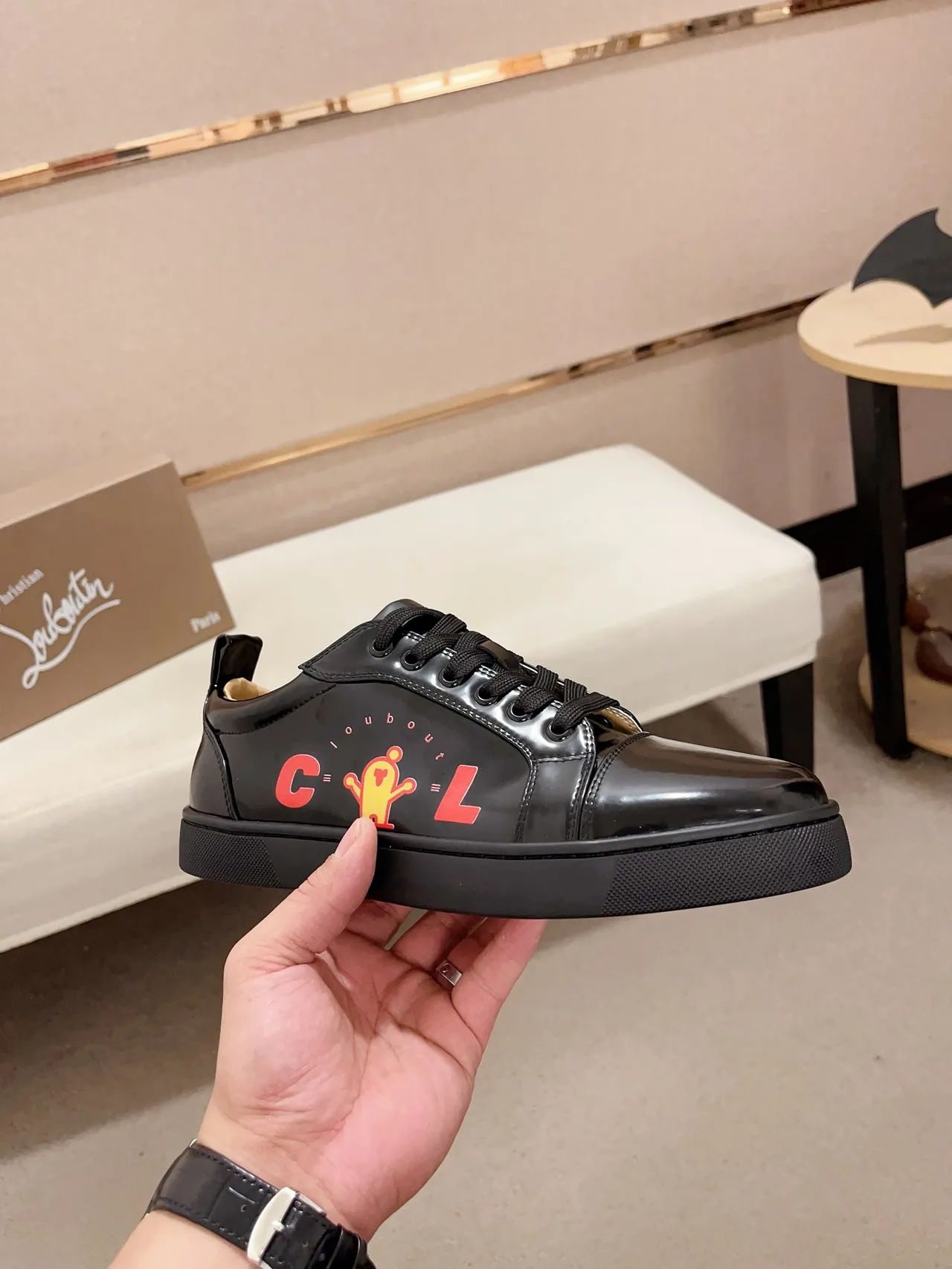 Christian Louboutin Black Orange Glossy Patent Leather Cap-Toe Construction Sneakers