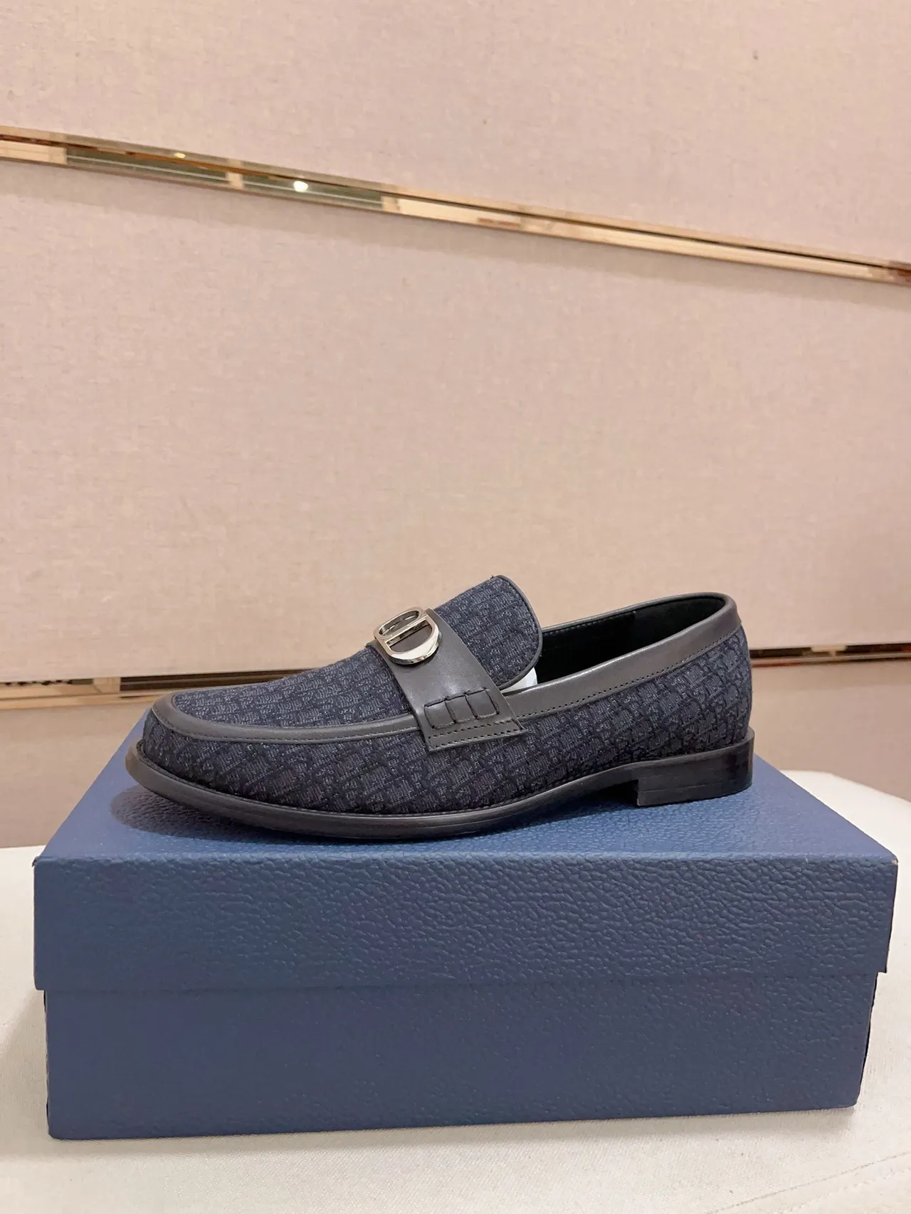 Navy Black Textured Monogrammed Fabric Upper Leather Trim Loafer