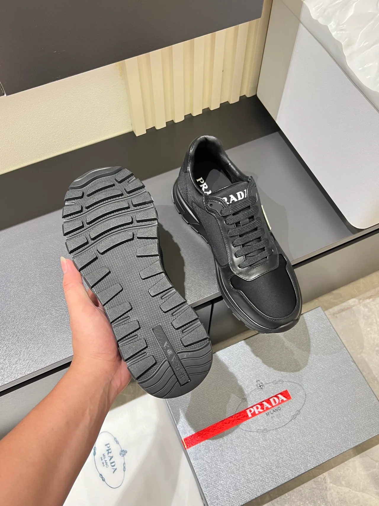 Prada Black Gray Leather And Textile Upper Metallic Triangle Logo Plaque Lifestyle Sneakers