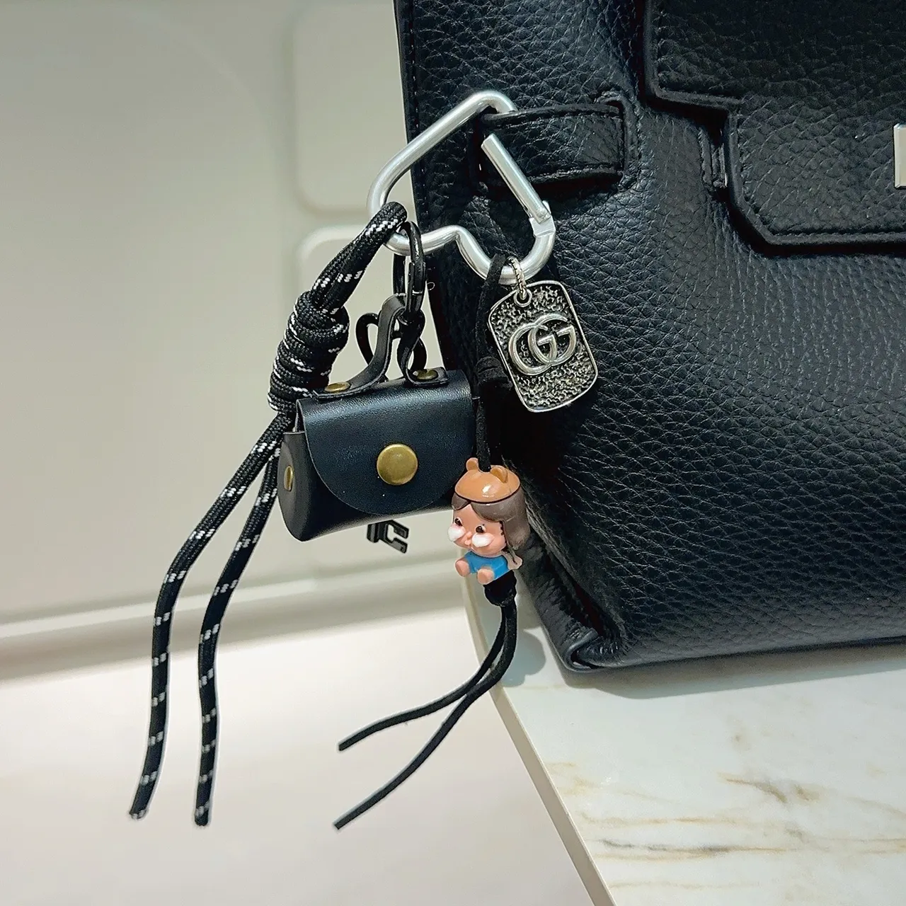 Gucci Black Gold Mini Leather Pouch Paracord Lanyard Camera Bag