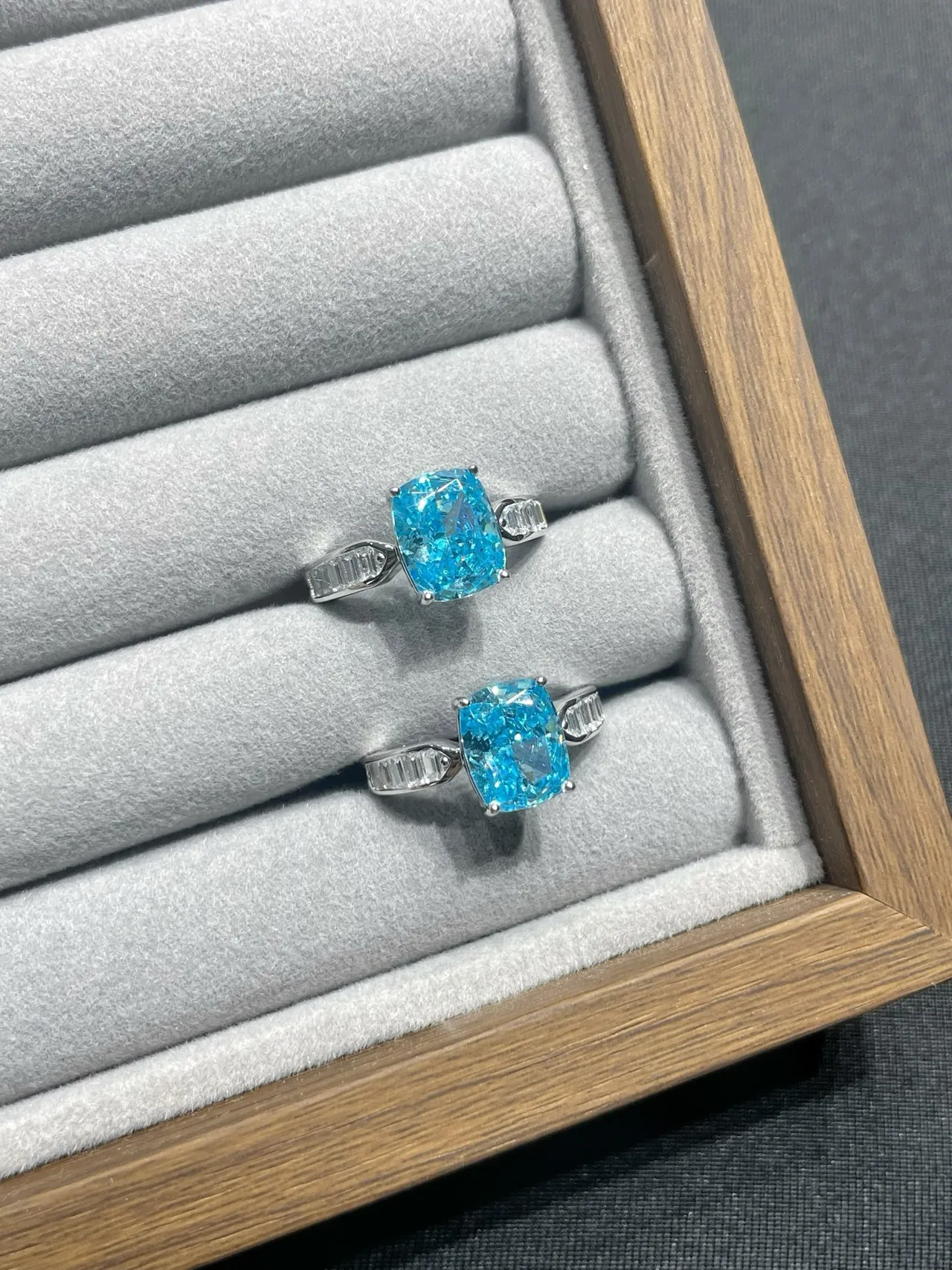 Blue Silver Cushion-Cut Central Stone Baguette Side Accents Ring