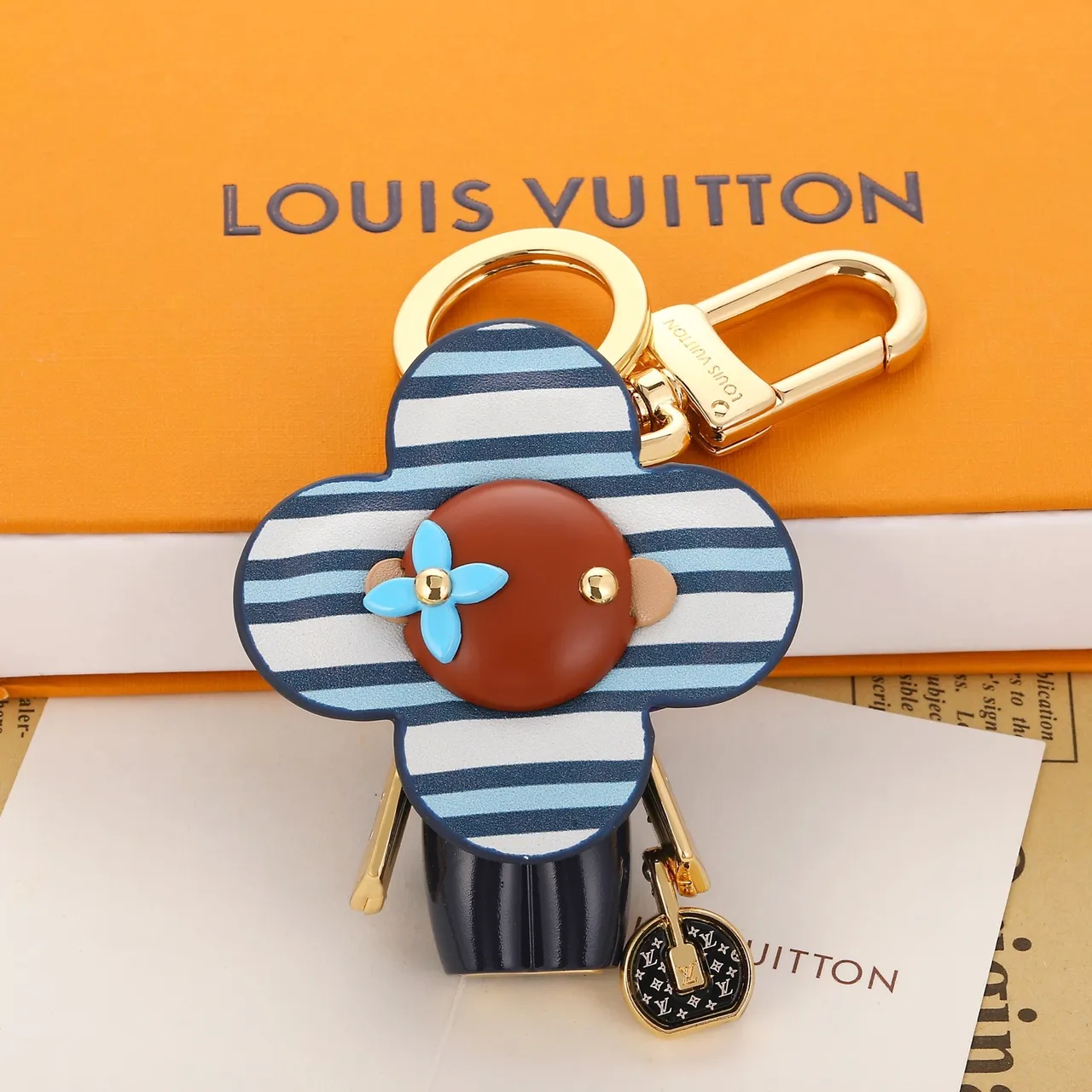 Louis Vuitton Flower Charm Blue Brown Striped Leather Gold-Tone Hardware Handbag
