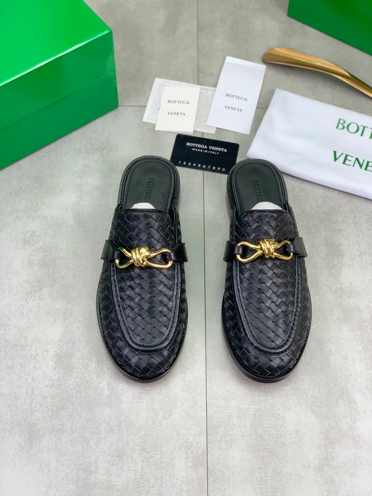 Bottega Veneta Andiamo Black Intrecciato Woven Leather Gold Horsebit Loafers