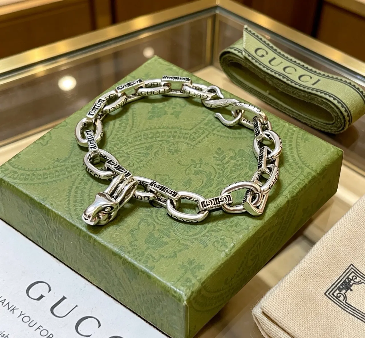 Gucci Iconic Snake Chain Engraved Silver Bracelet