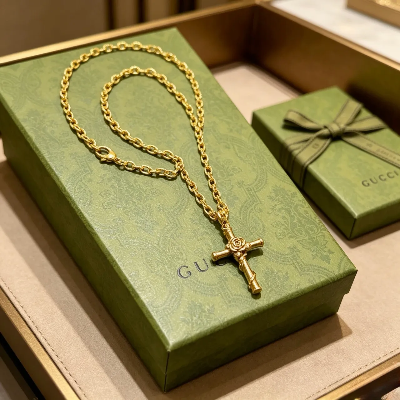 Gucci Bamboo Cross Pendant Gold-Tone Necklace