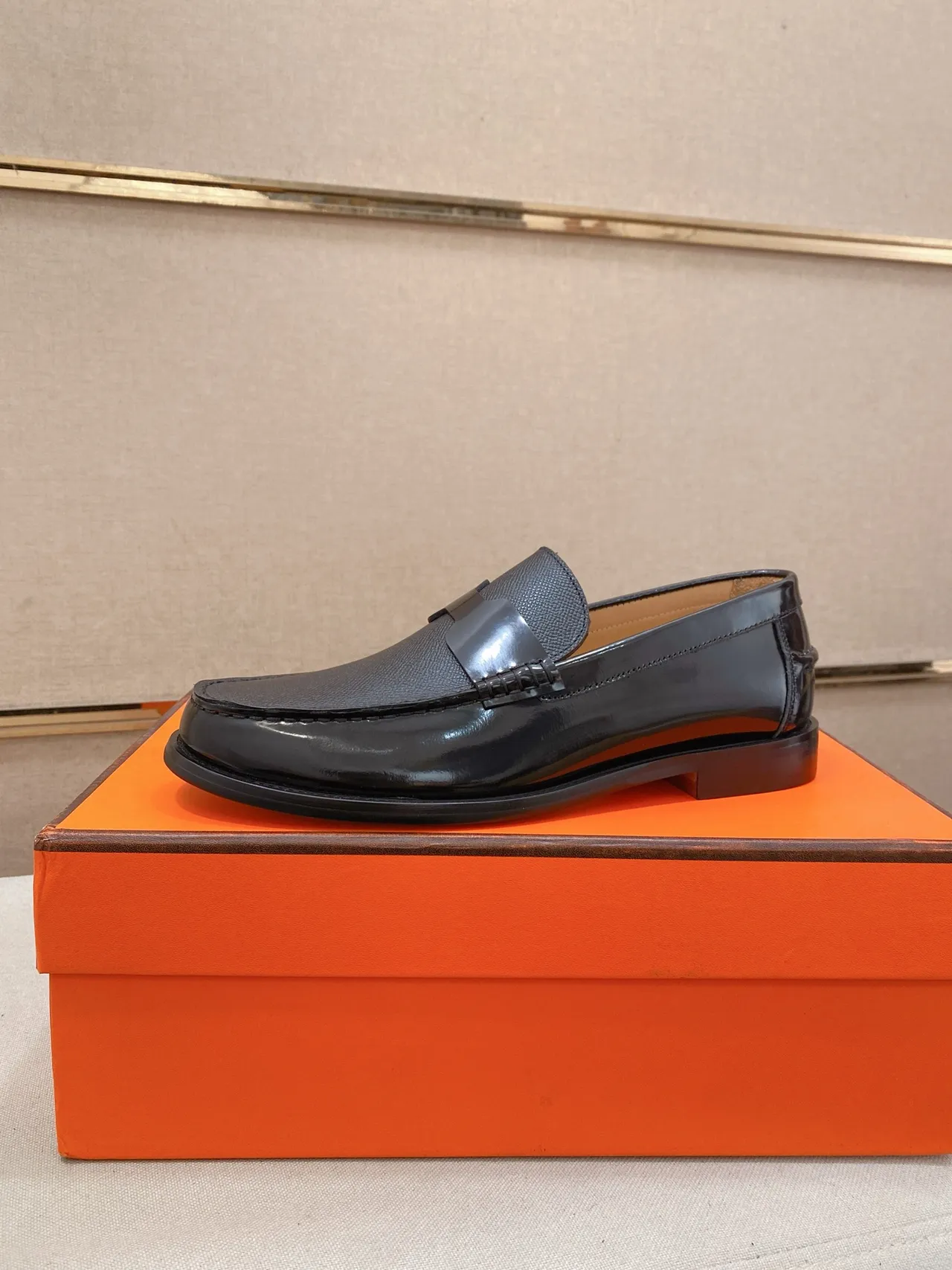 Black Gray Patent And Textured Leather Moc-Toe Construction Loafer