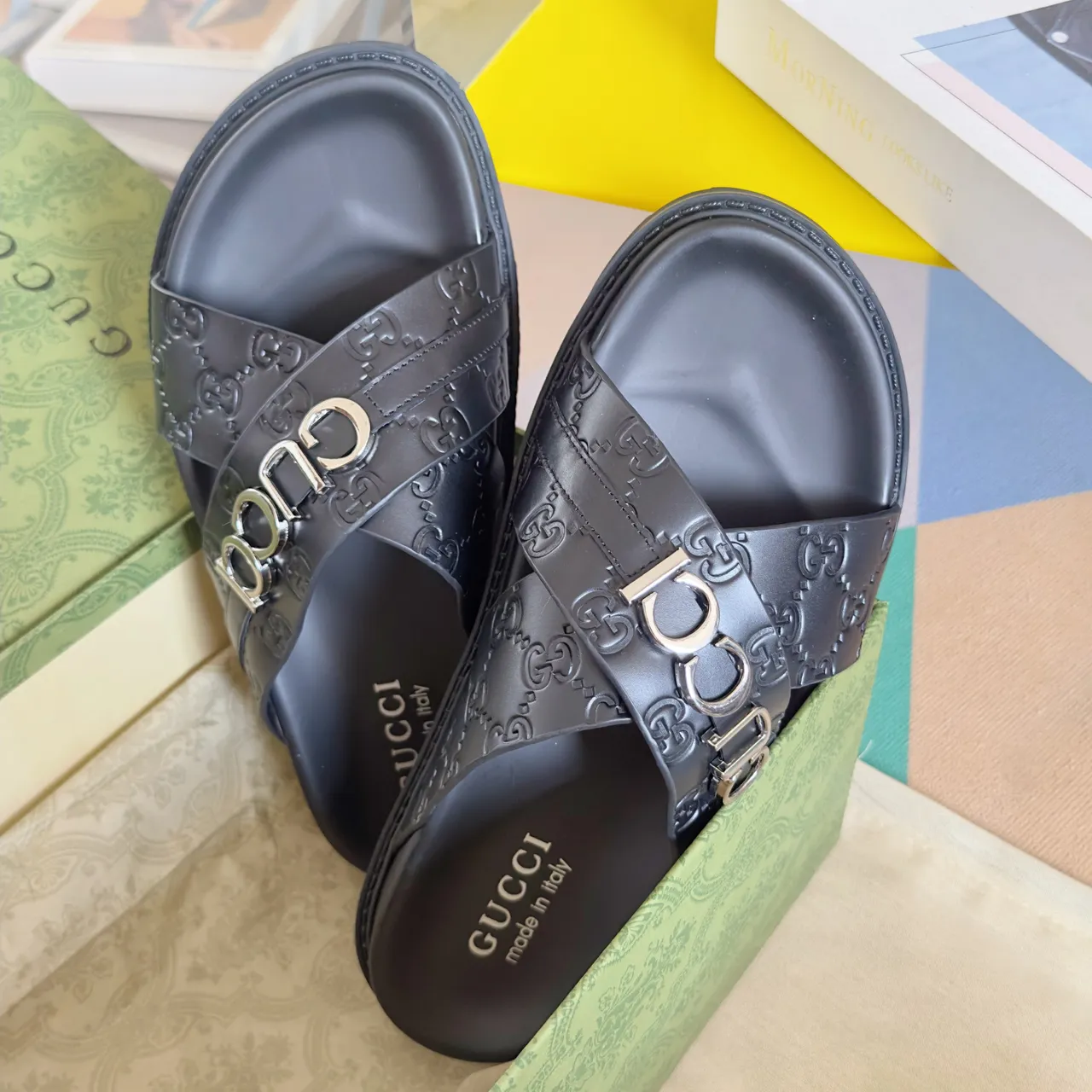 Gucci Ophidia Black Gold Embossed GG Monogram Interlocking G Buckles Casual Sandals