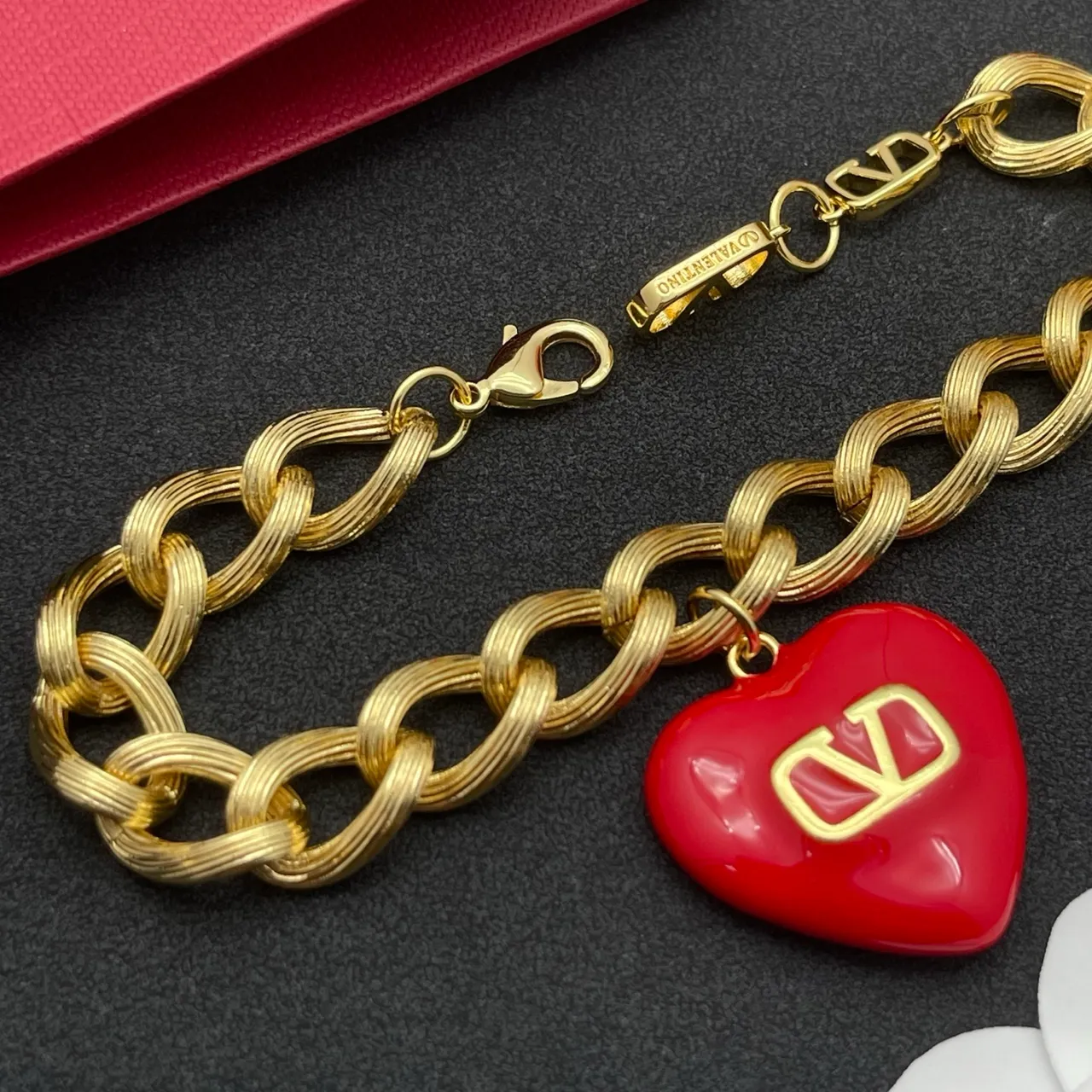 Valentino VLogo Heart Red Enamel Gold-Tone Chain Bracelet