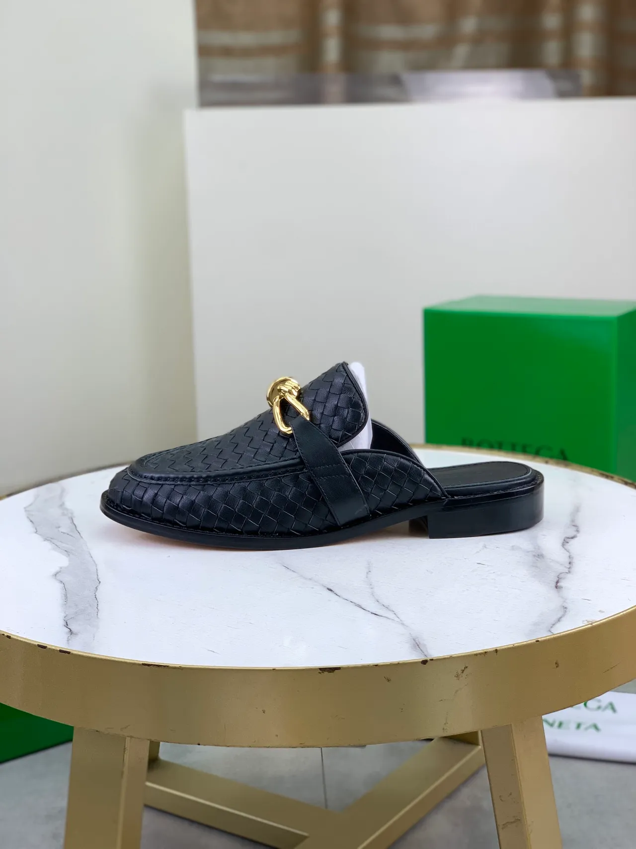 Bottega Veneta Andiamo Black Intrecciato Woven Leather Gold Horsebit Loafers