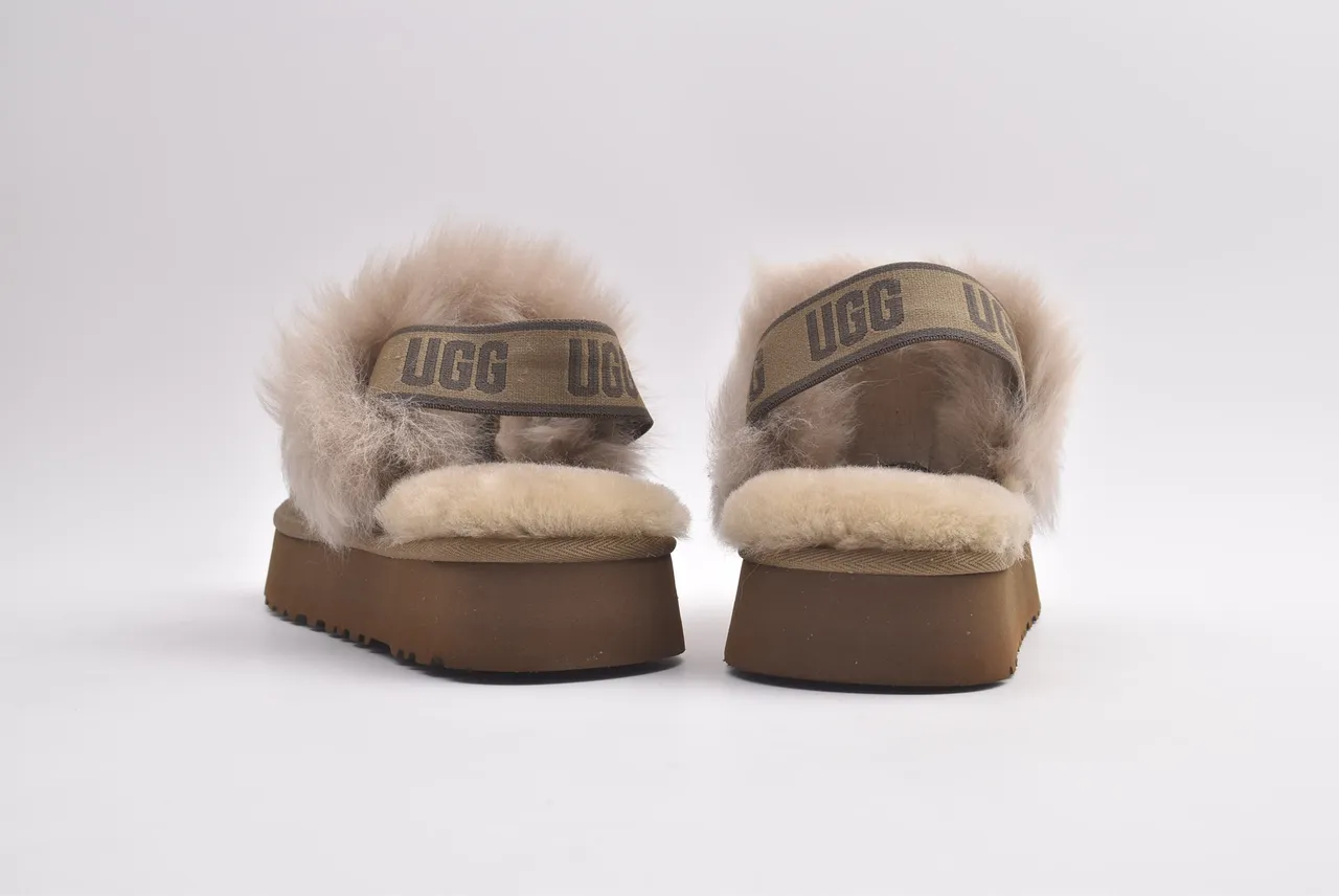 UGG Beige Brown Platform Sole Shearling-Lined Slippers