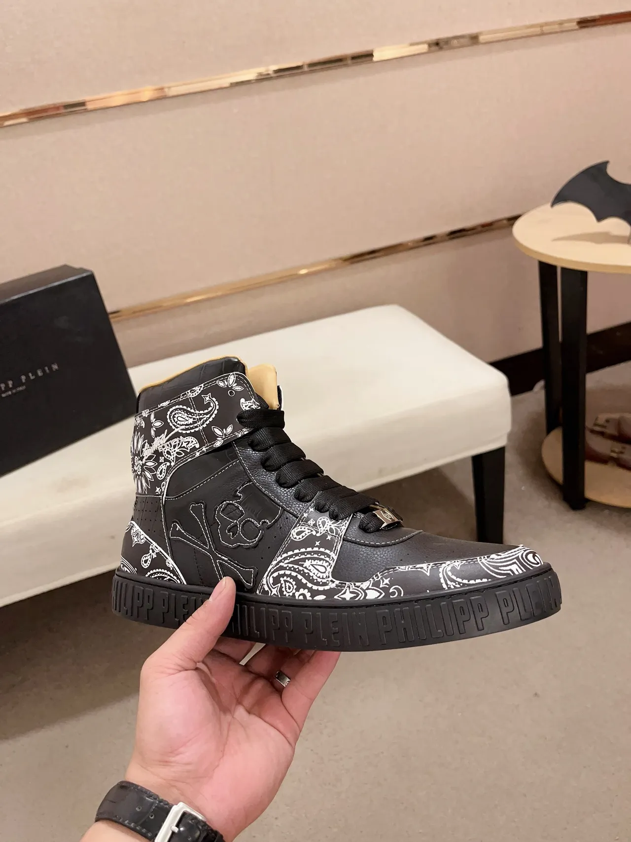 Philipp Plein Black White High-Top Bandana-Print Leather Sneakers