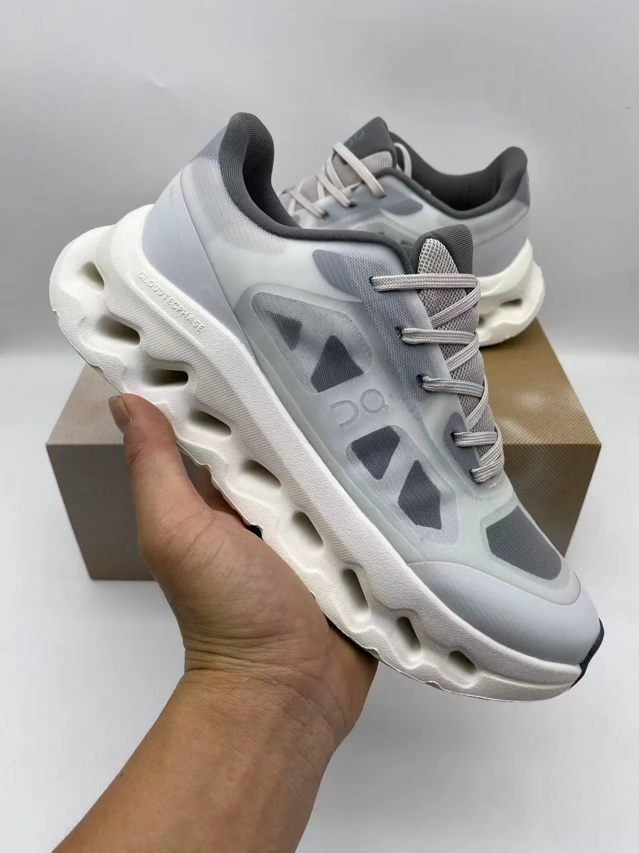 On Beige Gray Sculpted Open-Cell Midsole Mesh And Synthetic Overlay Upper Running Shoes