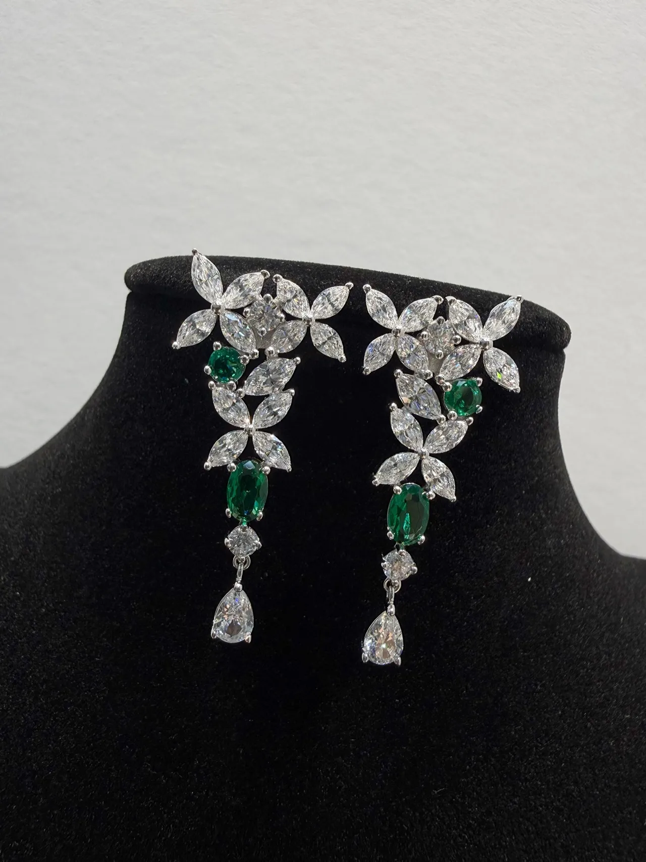 Floral Motif Marquise-Cut Green and Clear Stone Drop Earrings